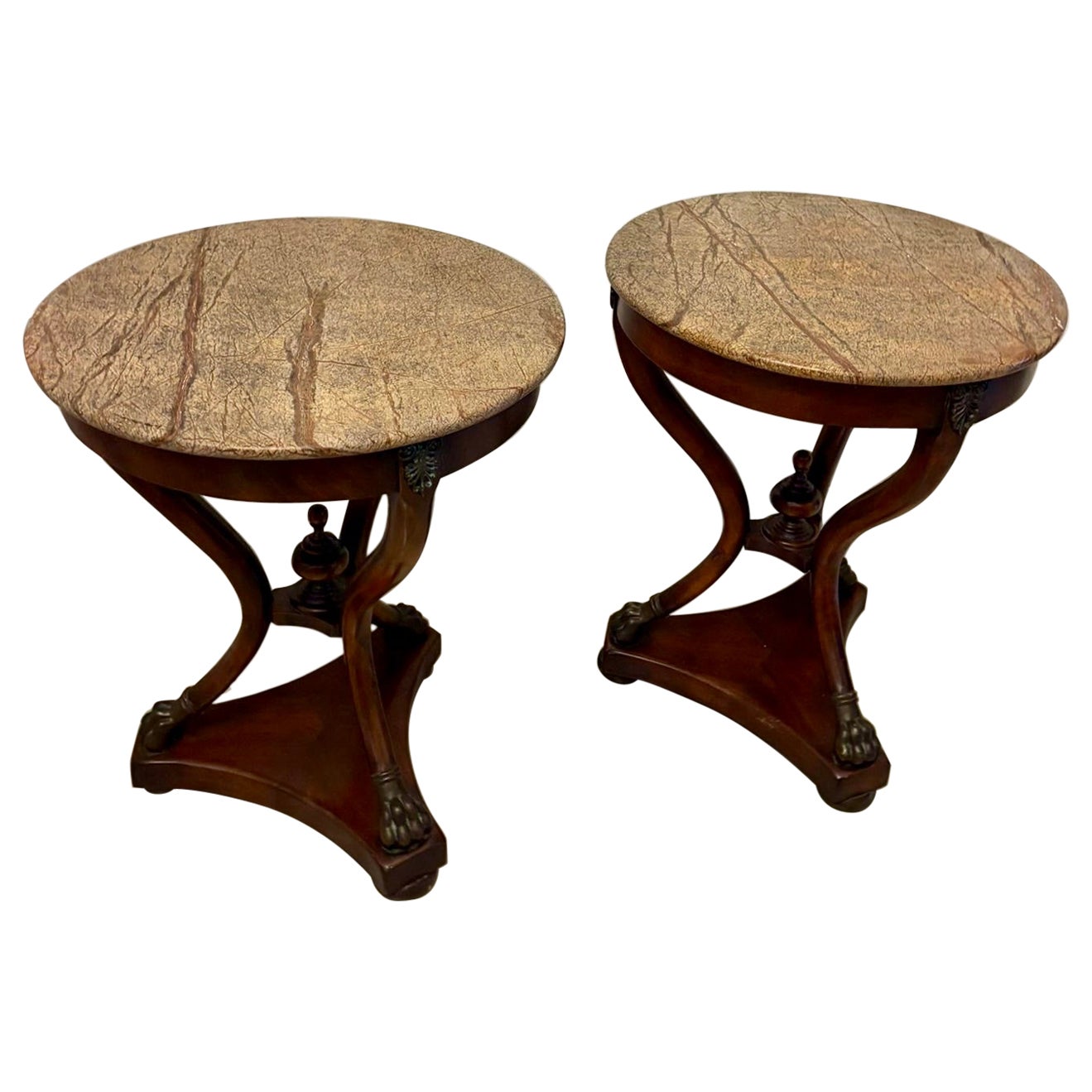 Antique Edwardian Quality Pair of French Marble-Top Gueridon Side / Lamp Tables