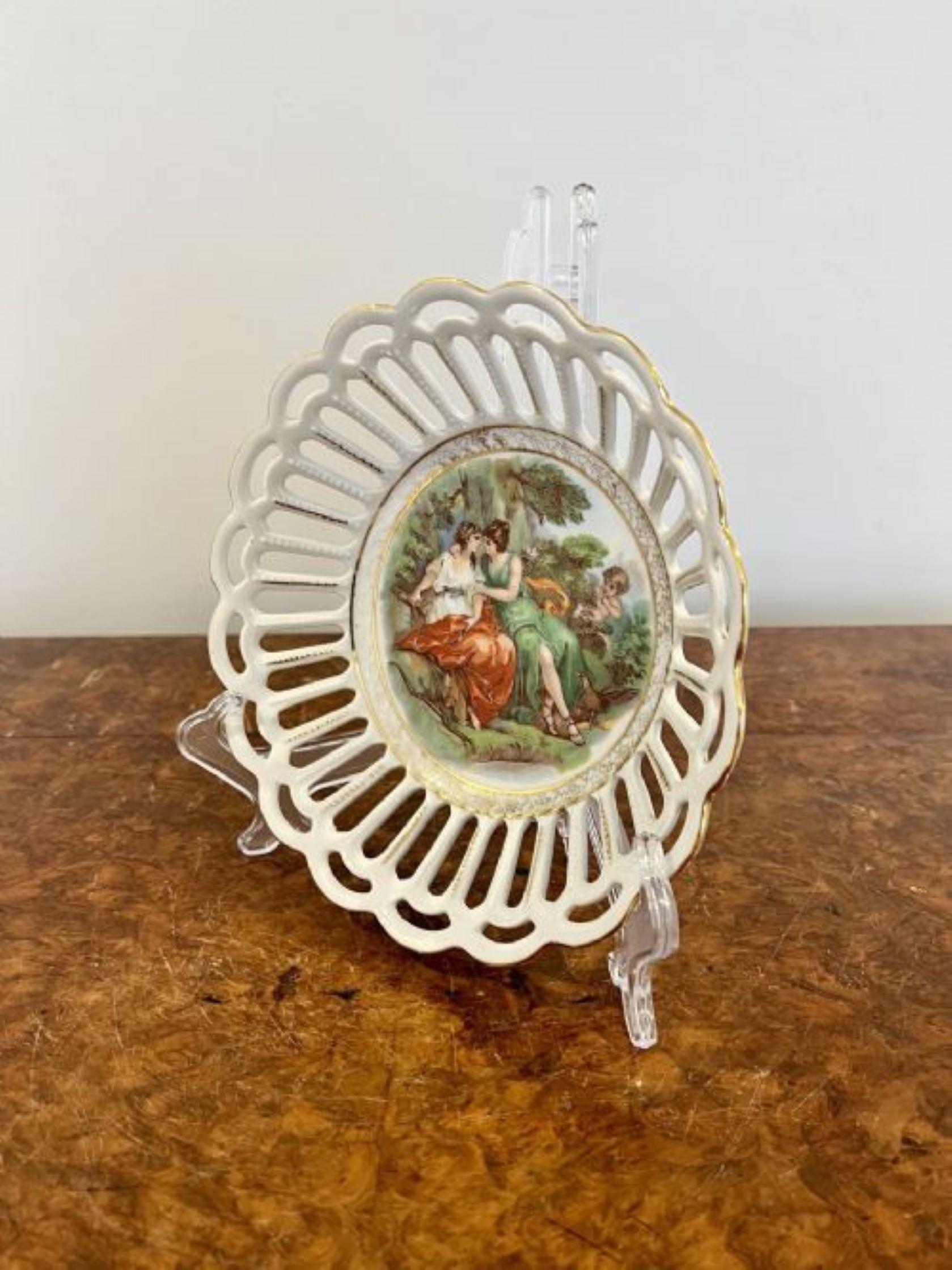Antique Edwardian quality porcelain ribbon dish having a hand painted scene of two women, a cherub and a bird in wonderful red, green, brown and white colours 