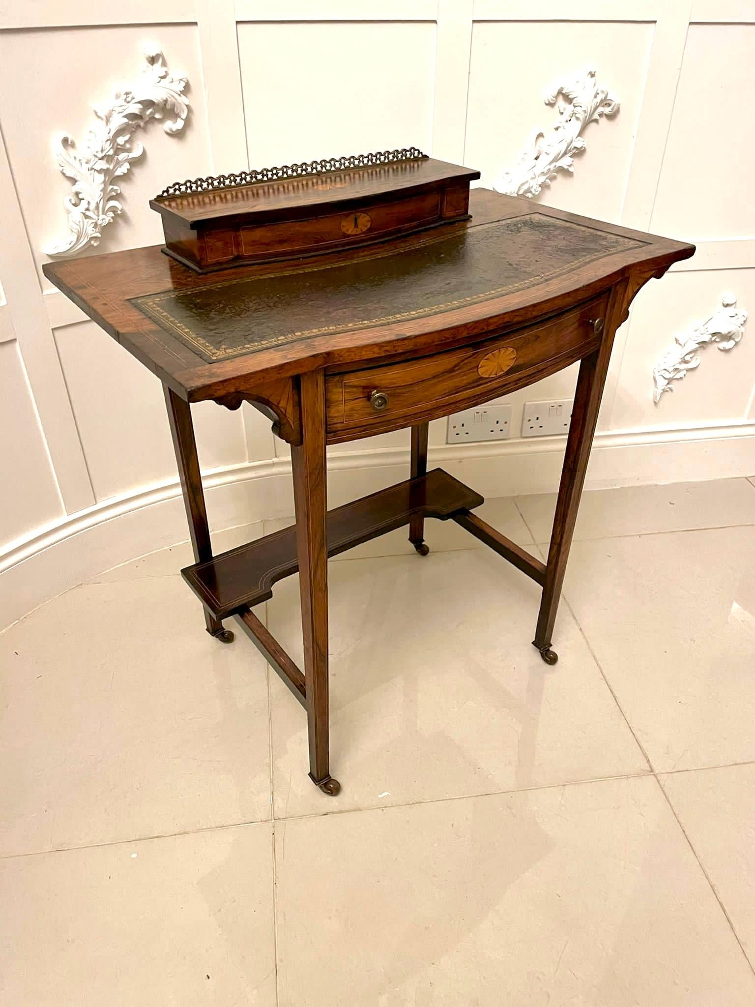Antique Edwardian Quality Rosewood Inlaid Bow Fronted Writing Table In Good Condition For Sale In Suffolk, GB