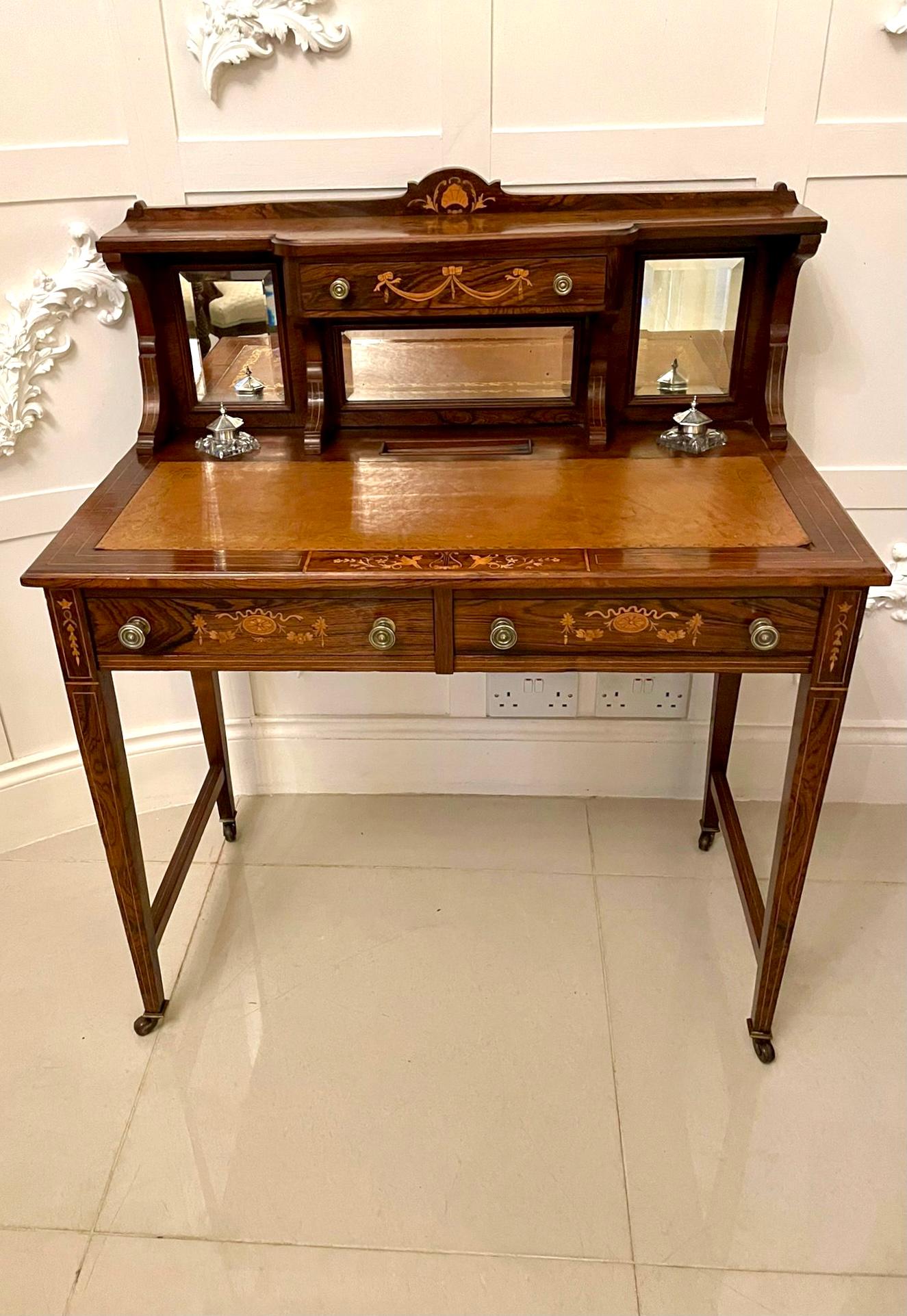 Antique Edwardian Quality Rosewood Marquetry Inlaid Writing Desk For Sale 6