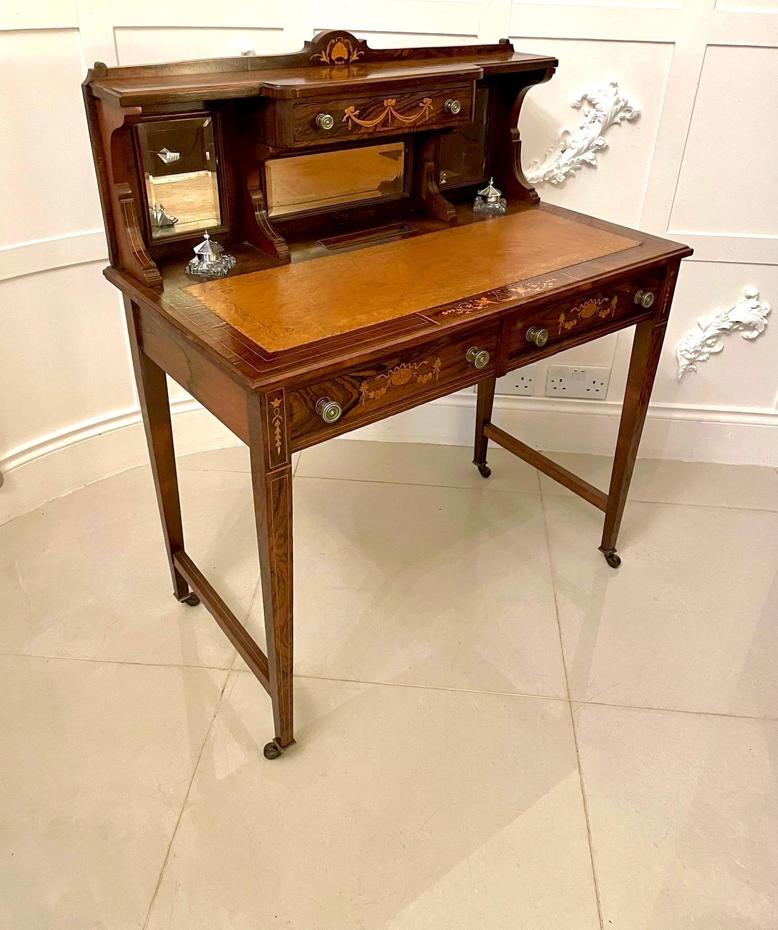 Antique Edwardian Quality Rosewood Marquetry Inlaid Writing Desk For Sale 9