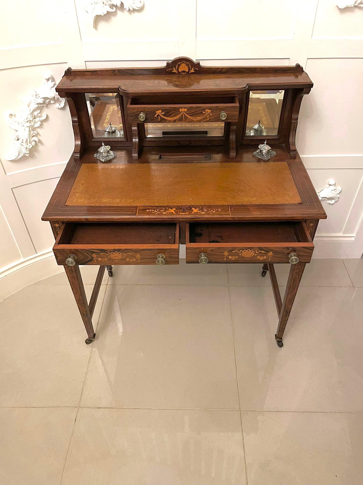 Early 20th Century Antique Edwardian Quality Rosewood Marquetry Inlaid Writing Desk For Sale