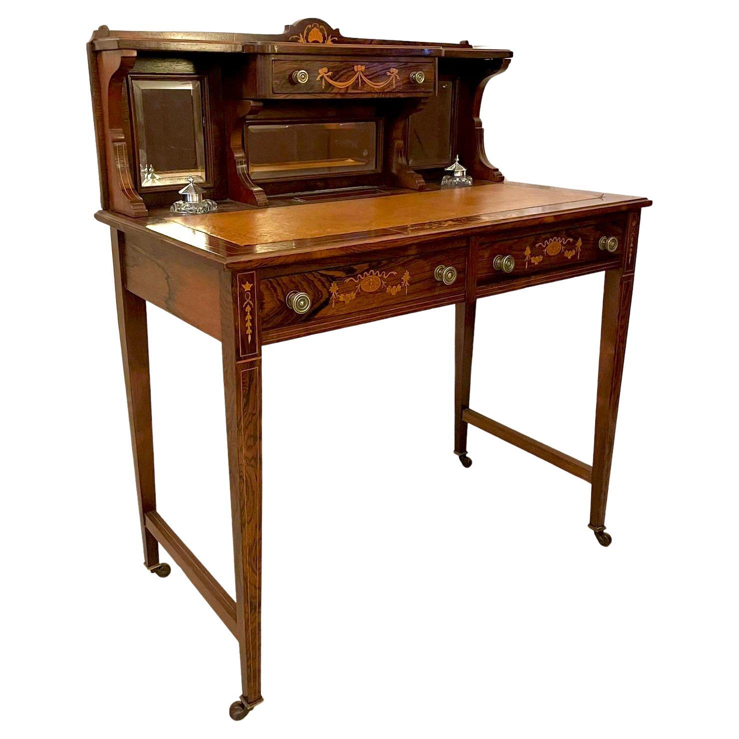 Antique Edwardian Quality Rosewood Marquetry Inlaid Writing Desk For Sale