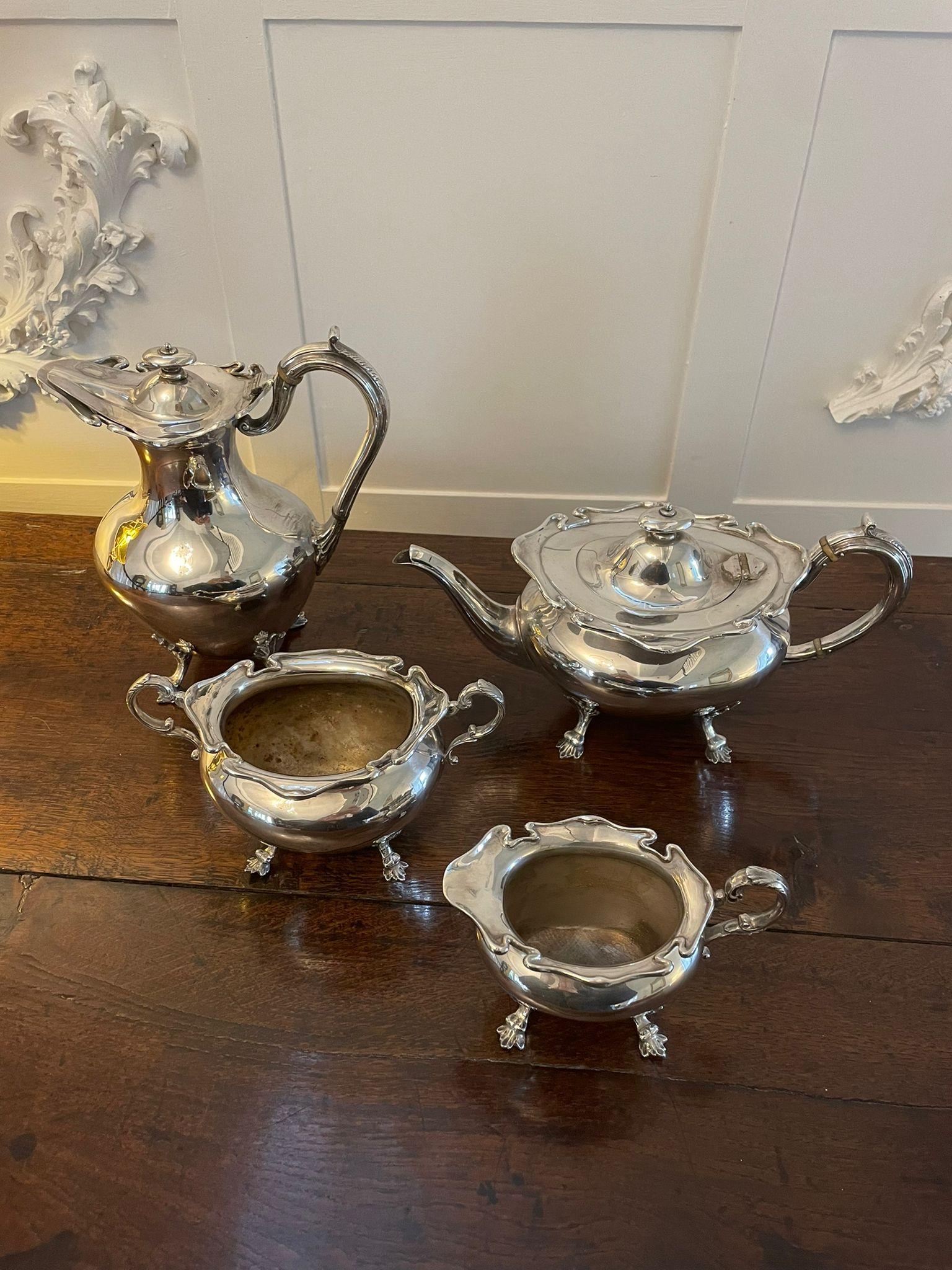 Quality antique Edwardian silver plated 4 piece tea set consisting of a teapot, sugar bowl, milk jug and coffee pot. 

A very attractive example in lovely original condition.

Coffee Pot H 23x W18 x D 12cm
Sugar Bowl H 10 x W 16 x D 8cm
Date