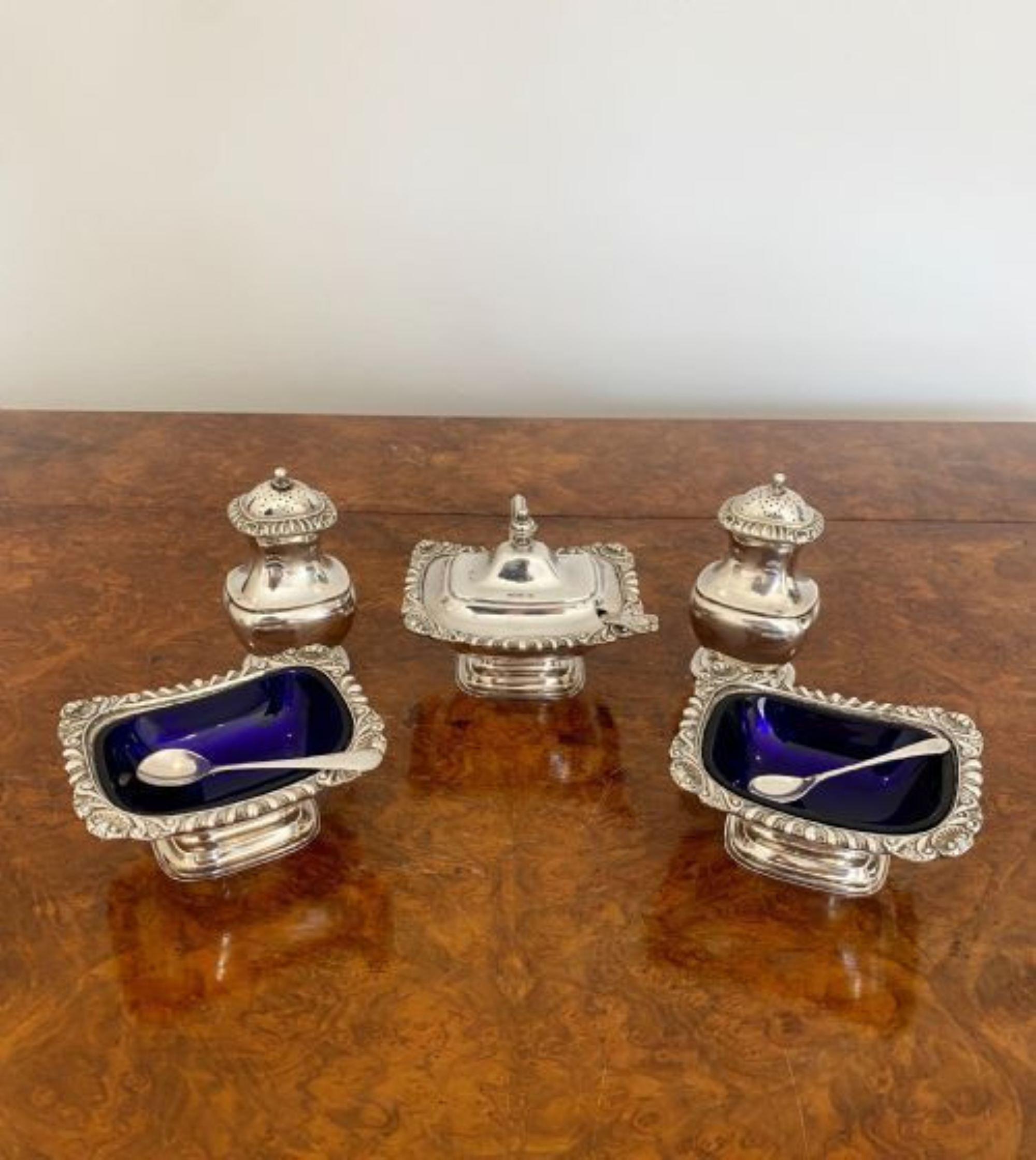 20th Century Antique Edwardian quality silver plated five piece condiment set For Sale