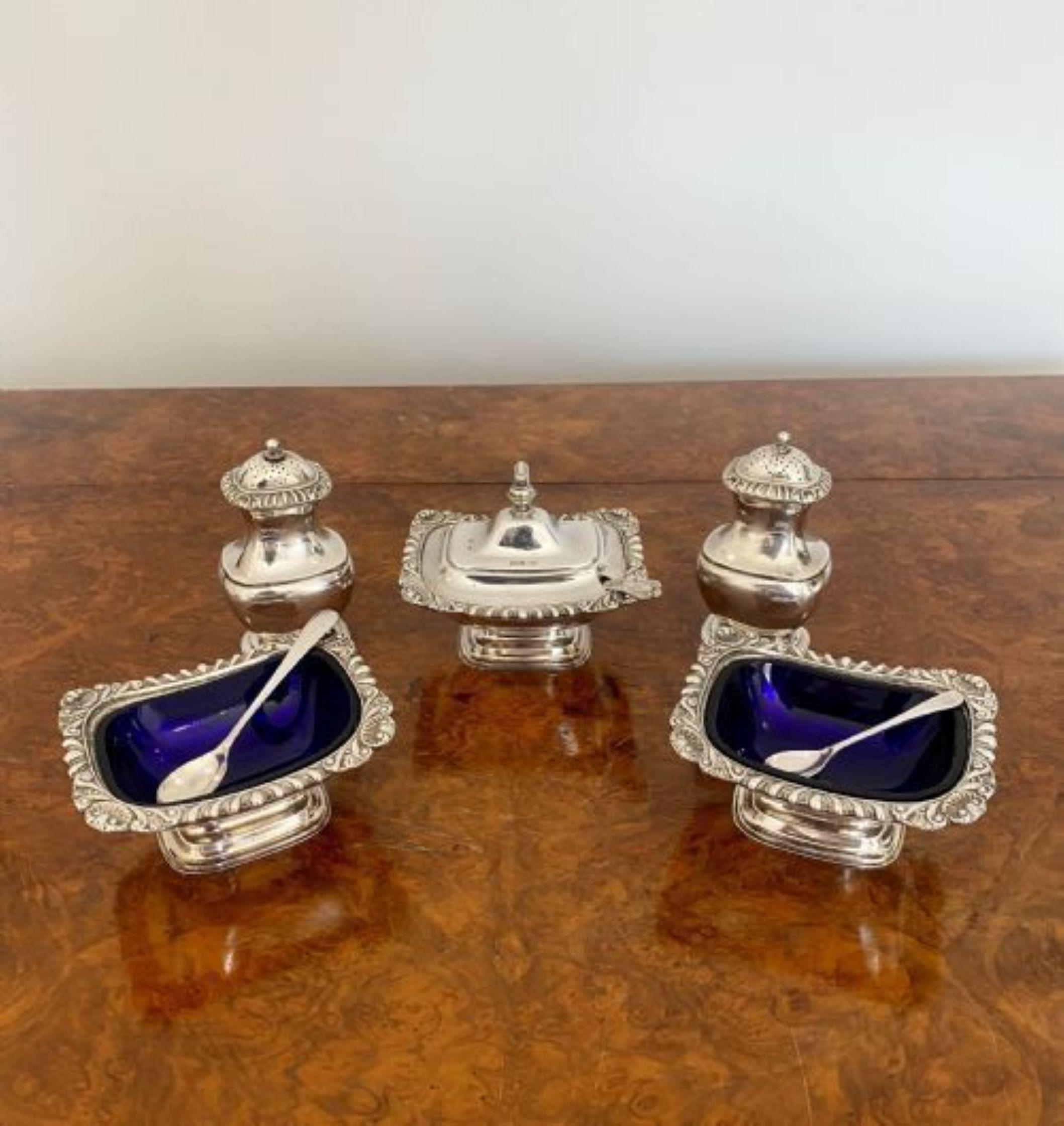 Silver Plate Antique Edwardian quality silver plated five piece condiment set For Sale