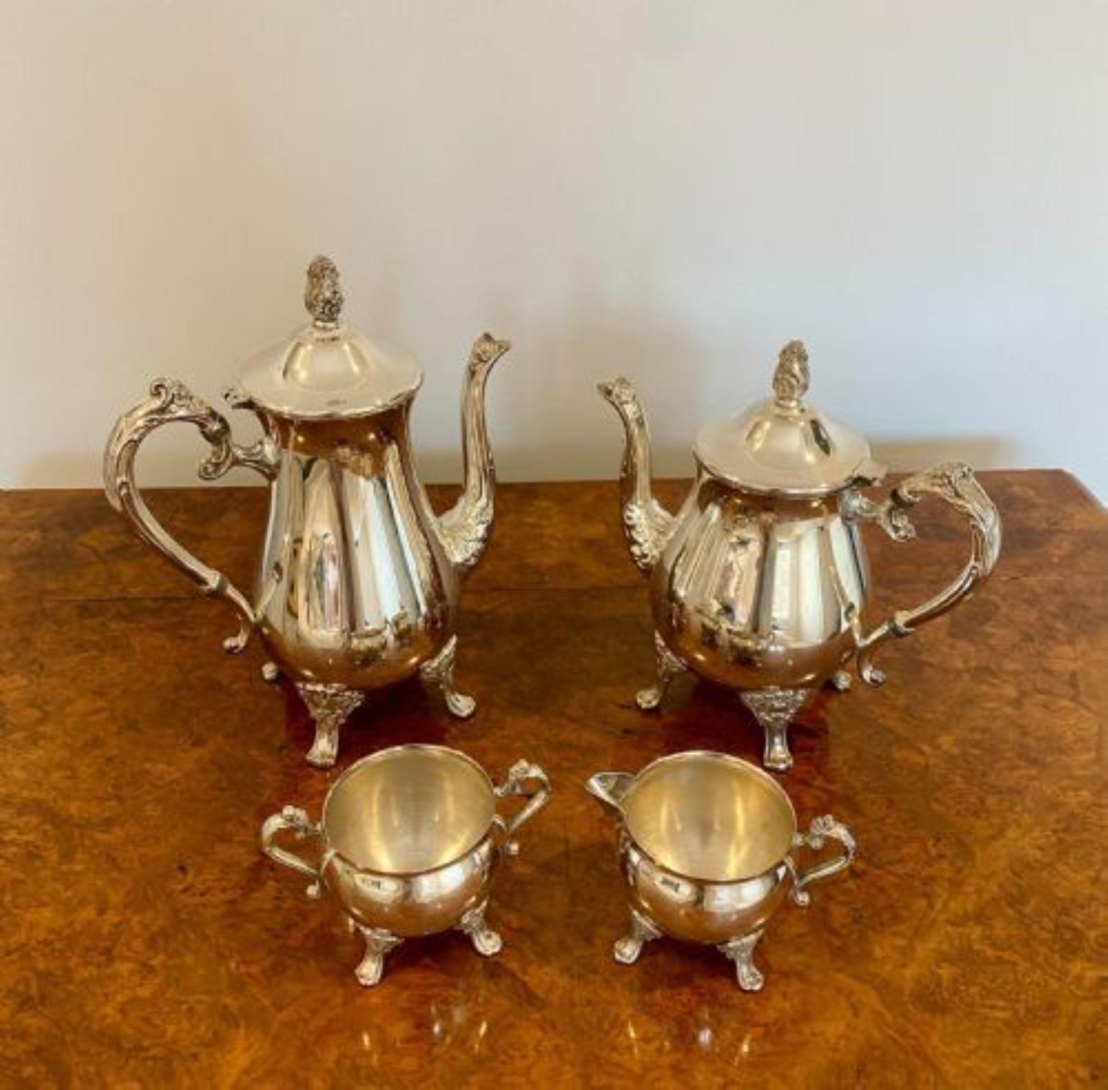 Antique Edwardian quality silver plated four piece tea set, Quality antique four piece silver plated tea set consisting of a tea and coffee pot, sugar bowl and a milk jug with ornate decoration raised on shaped ornate feet.