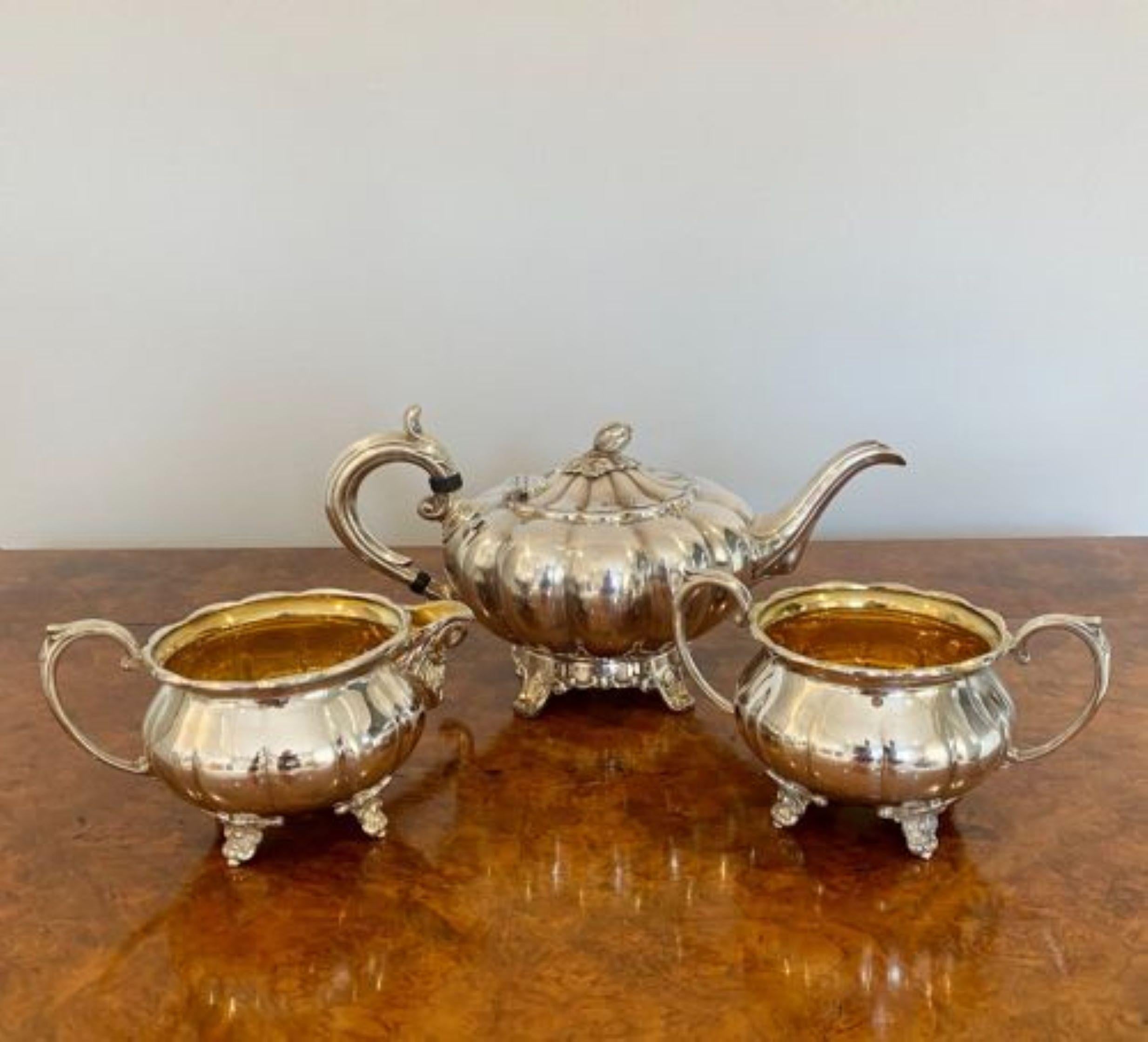 Antique Edwardian quality silver plated three piece tea set.
Quality silver plated tea set in the shape of a melon raised on ornate feet.