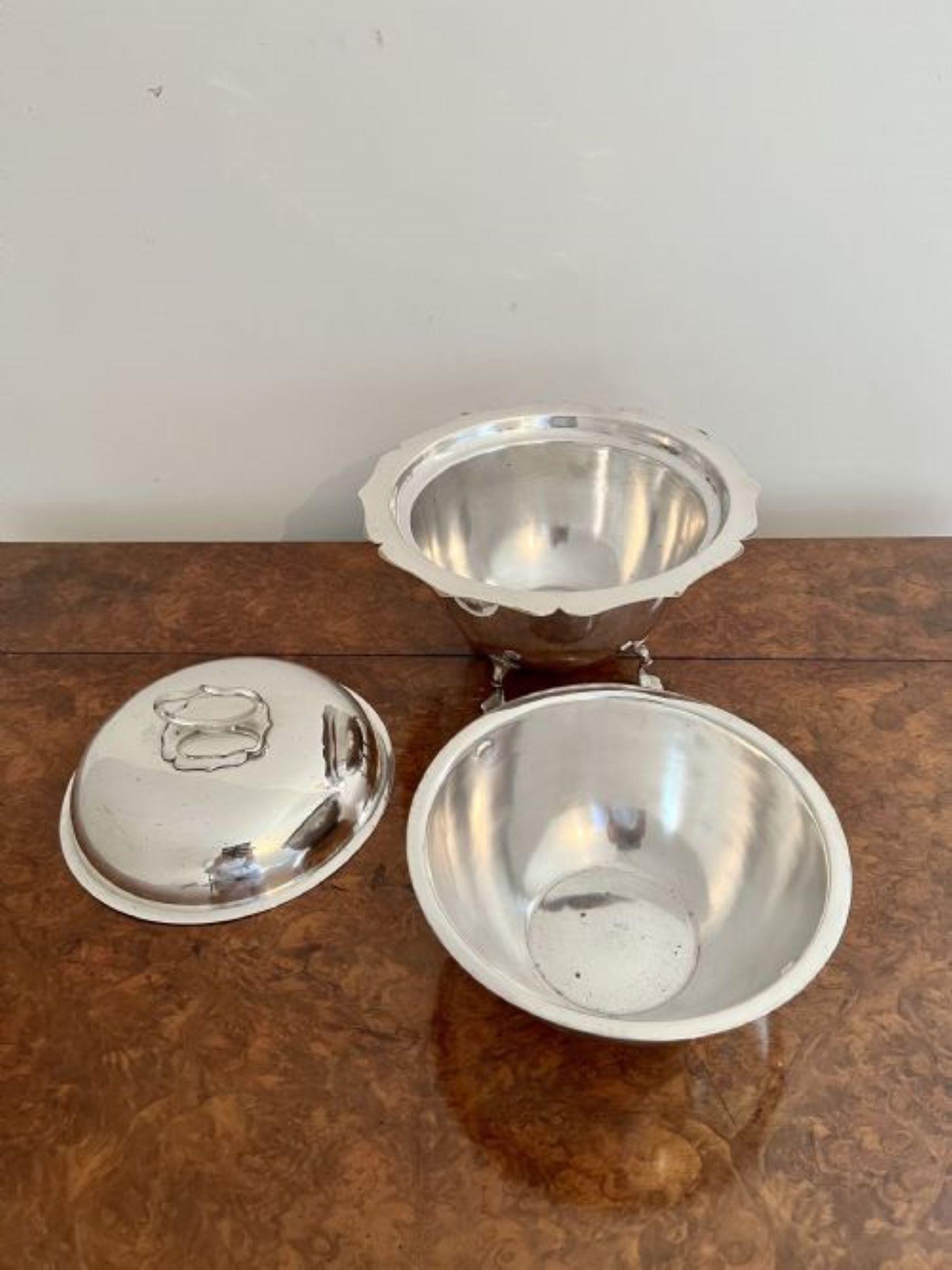 Antique Edwardian quality silver plated tureen by Mapping and Webb having a lift off lid with a removable inside, original ladle standing on shaped feet.