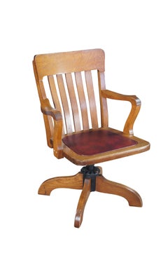 Antica sedia da scrivania per banchieri in Oak Oak, con sedile girevole in pelle.