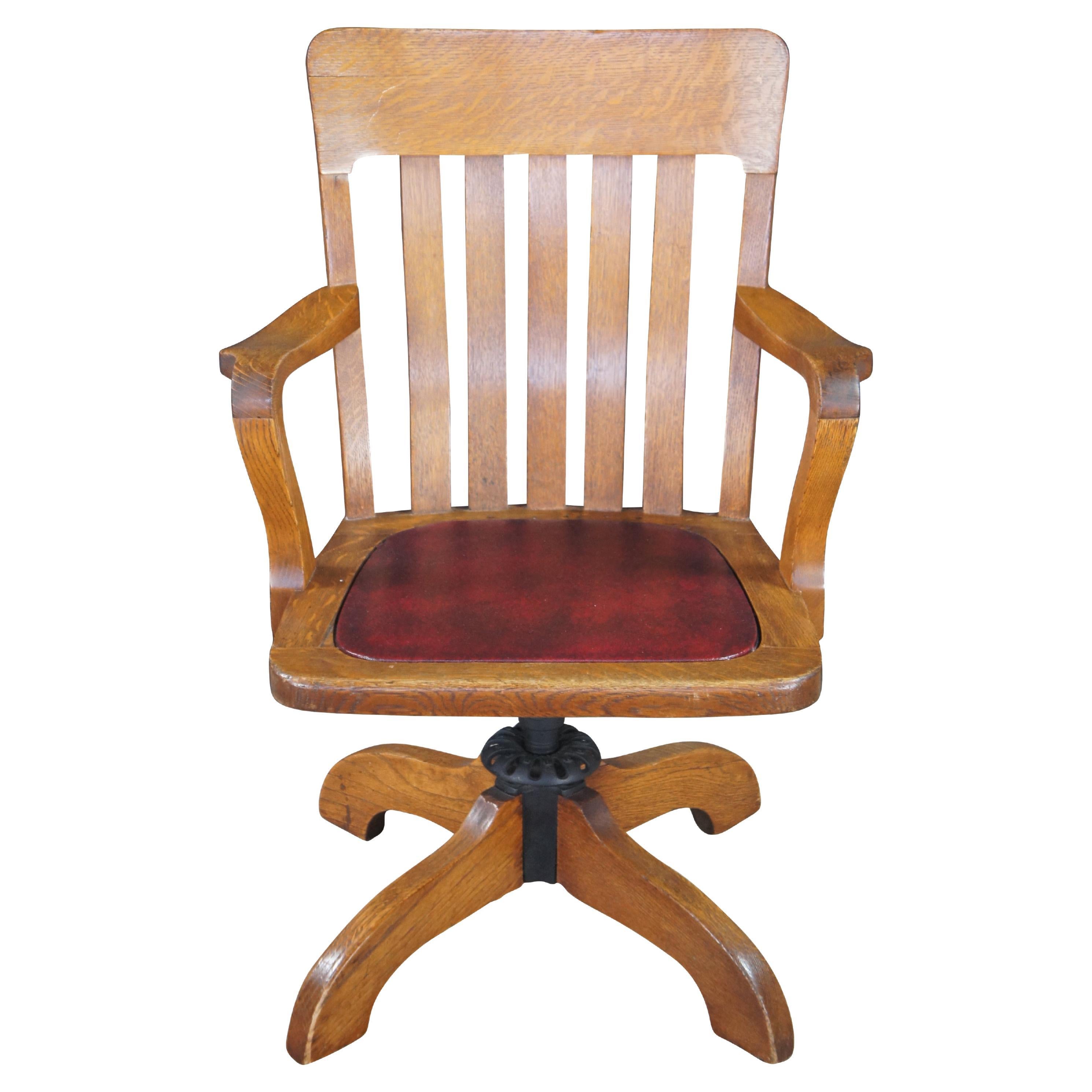 Antique Edwardian Quartersawn Oak Bankers Lawyers Desk Chair Leather Seat Swivel For Sale