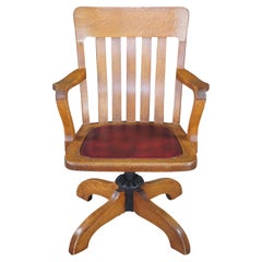 Antica sedia da scrivania per banchieri in Oak Oak, con sedile girevole in pelle.