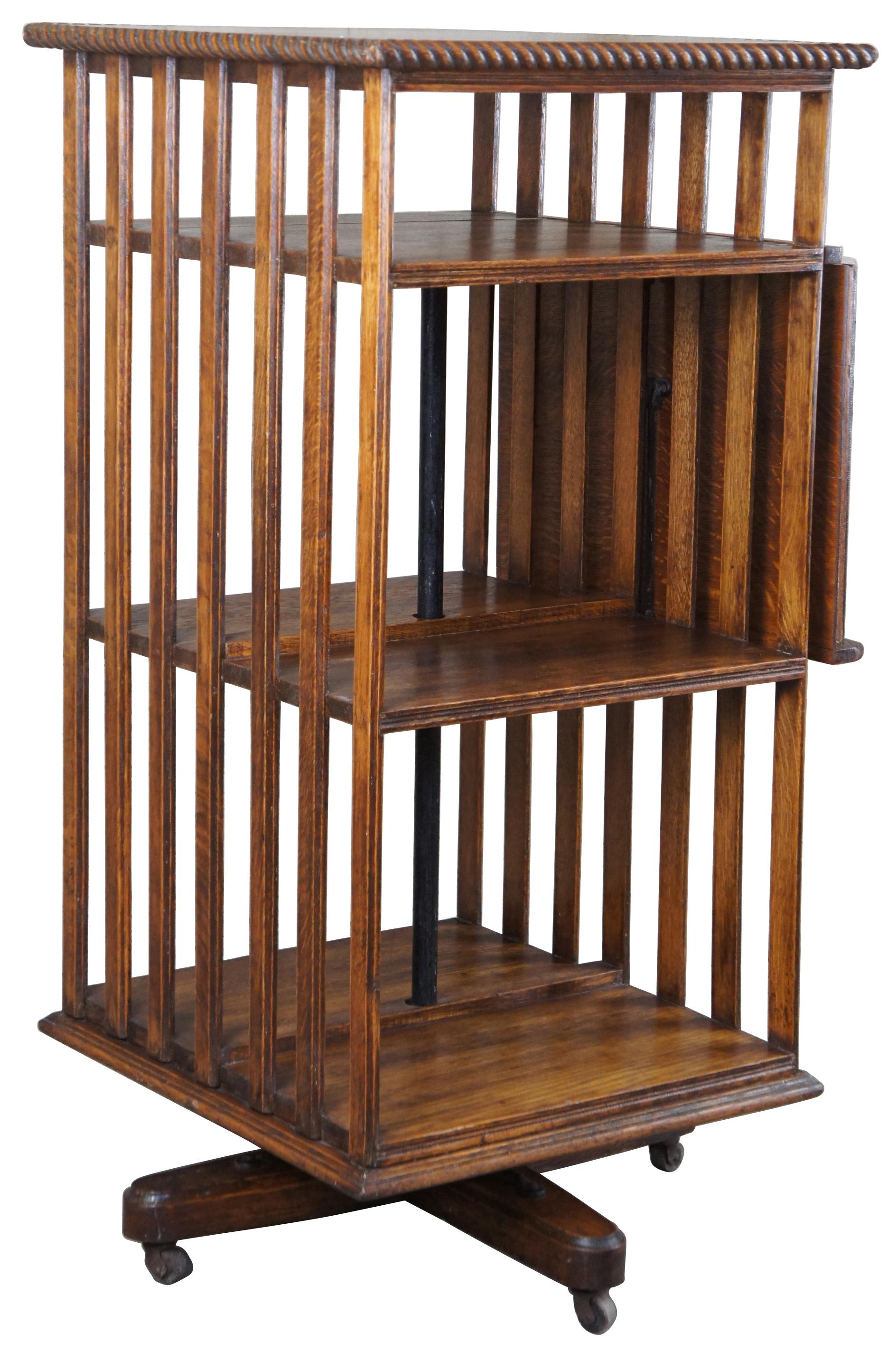 Arts and Crafts Antique Edwardian Quartersawn Oak Revolving Library Bookcase Pedestal Stand