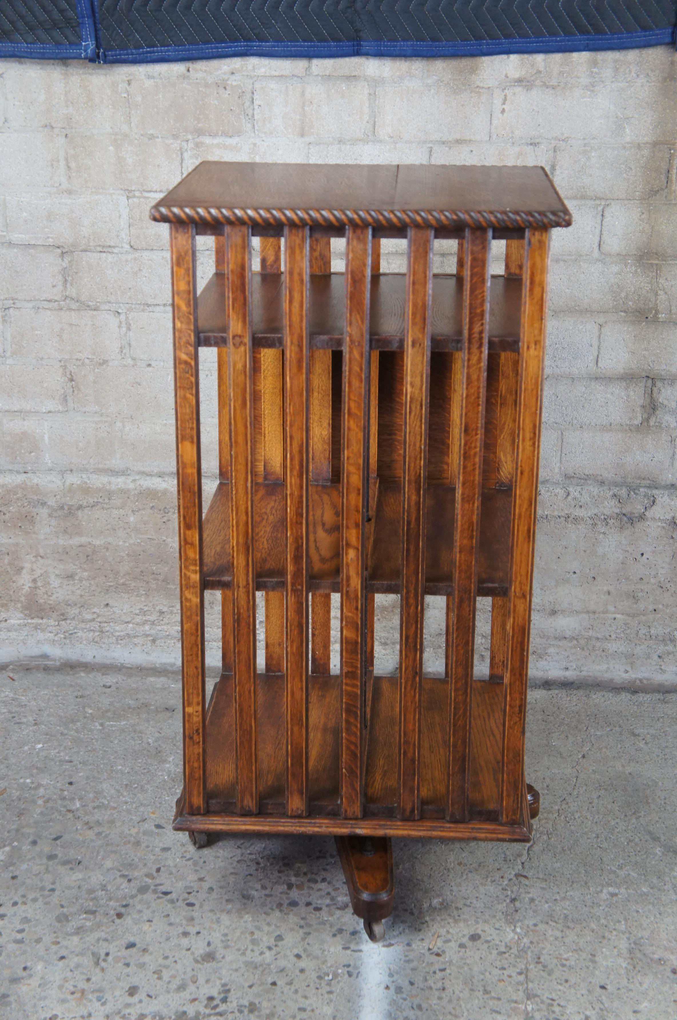 Antique Edwardian Quartersawn Oak Revolving Library Bookcase Pedestal Stand 1