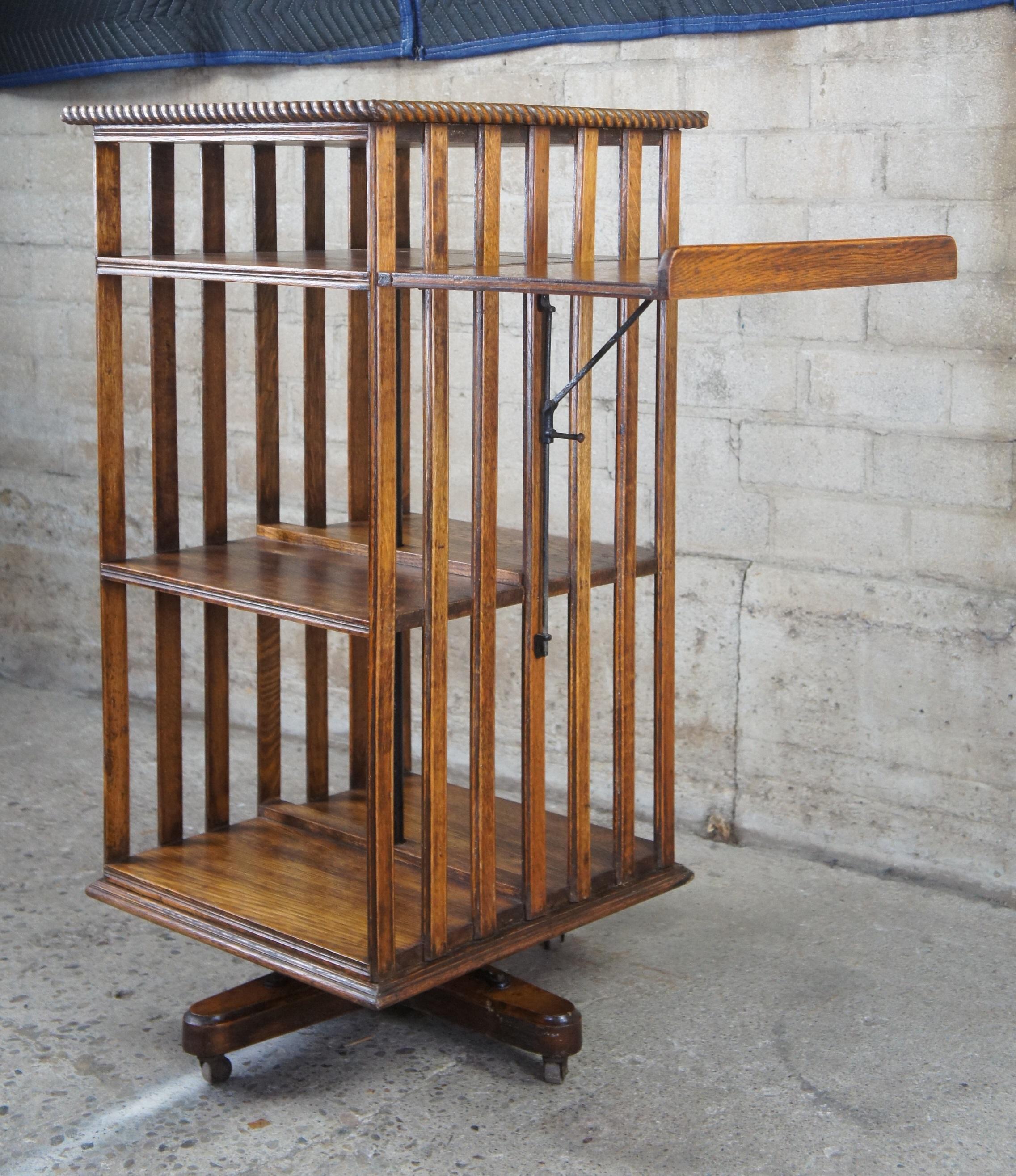 Antique Edwardian Quartersawn Oak Revolving Library Bookcase Pedestal Stand 3