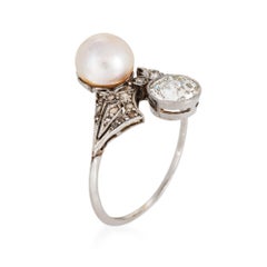 Antique Edwardian Ring 0.80ct Diamond Pearl Sz 6 Moi et Toi Platinum Jewelry