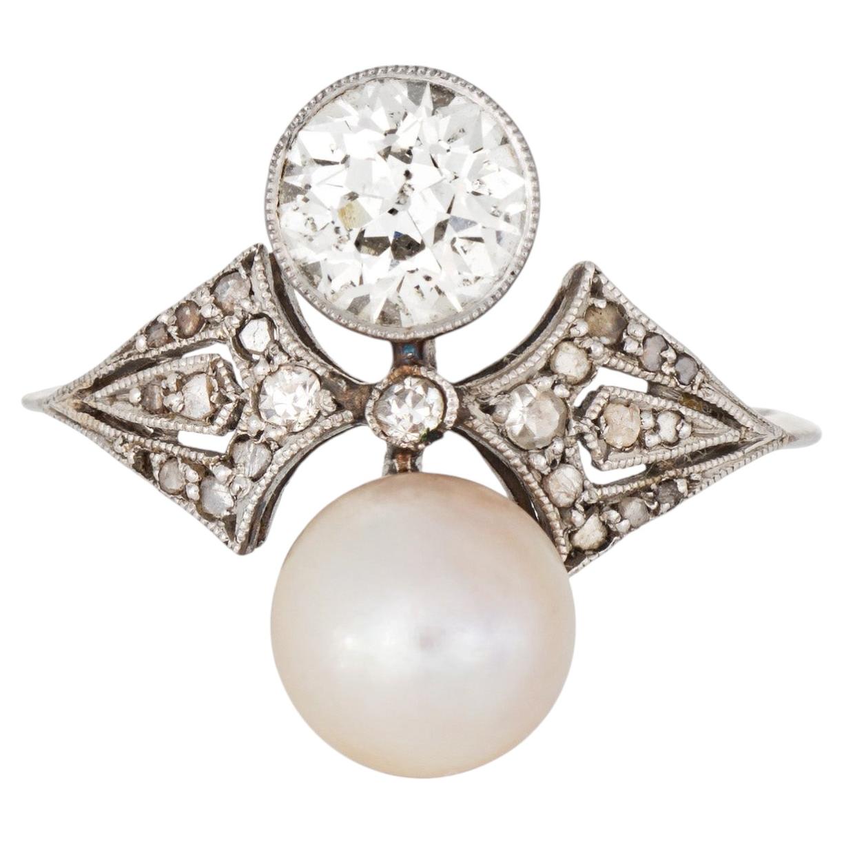 Anello antico edoardiano 0,80ct Diamante Perla Sz 6 Moi et Toi Gioielli in platino