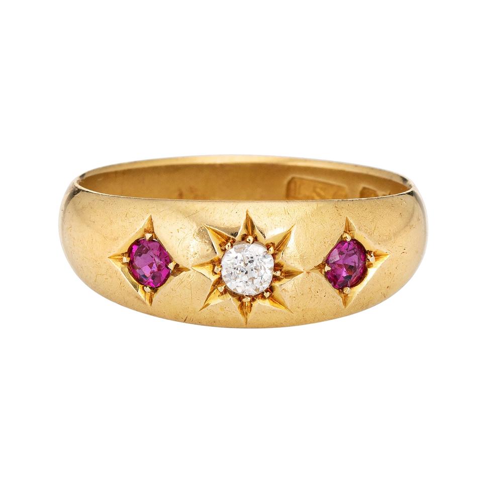Antique Edwardian Ring c1912 Diamond Ruby Gypsy Band 18k Gold Jewelry