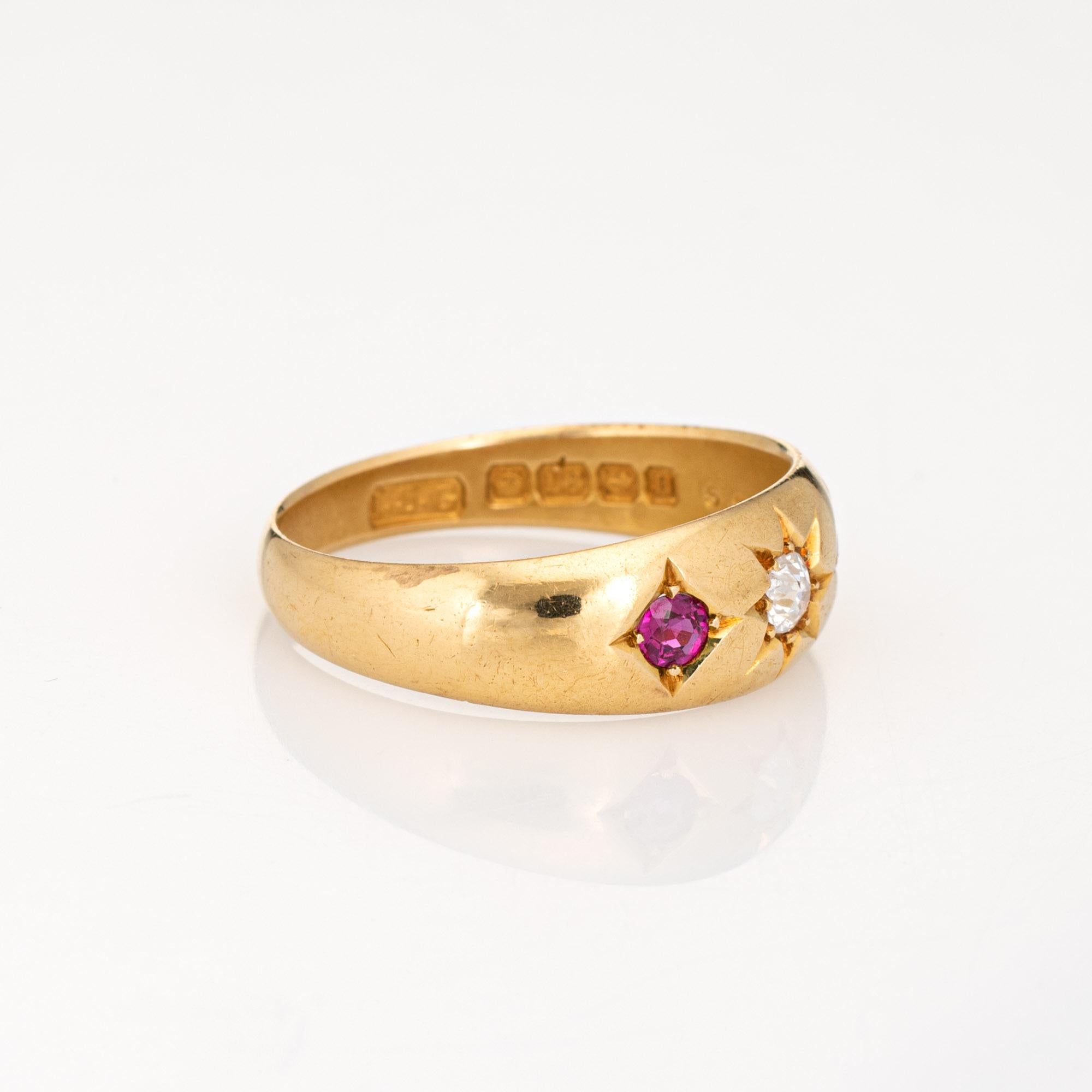 Old Mine Cut Antique Edwardian Ring c1912 Diamond Ruby Gypsy Band 18k Gold Jewelry