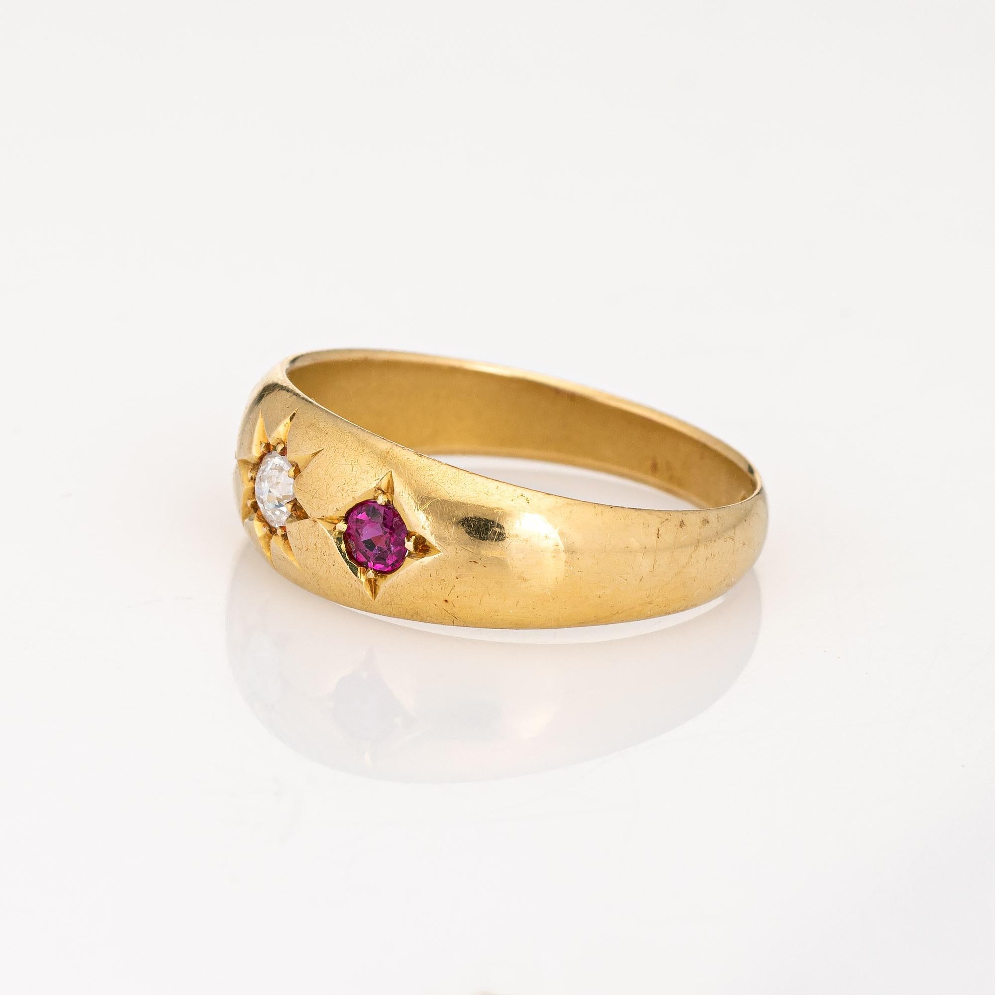 Antique Edwardian Ring c1912 Diamond Ruby Gypsy Band 18k Gold Jewelry In Good Condition In Torrance, CA