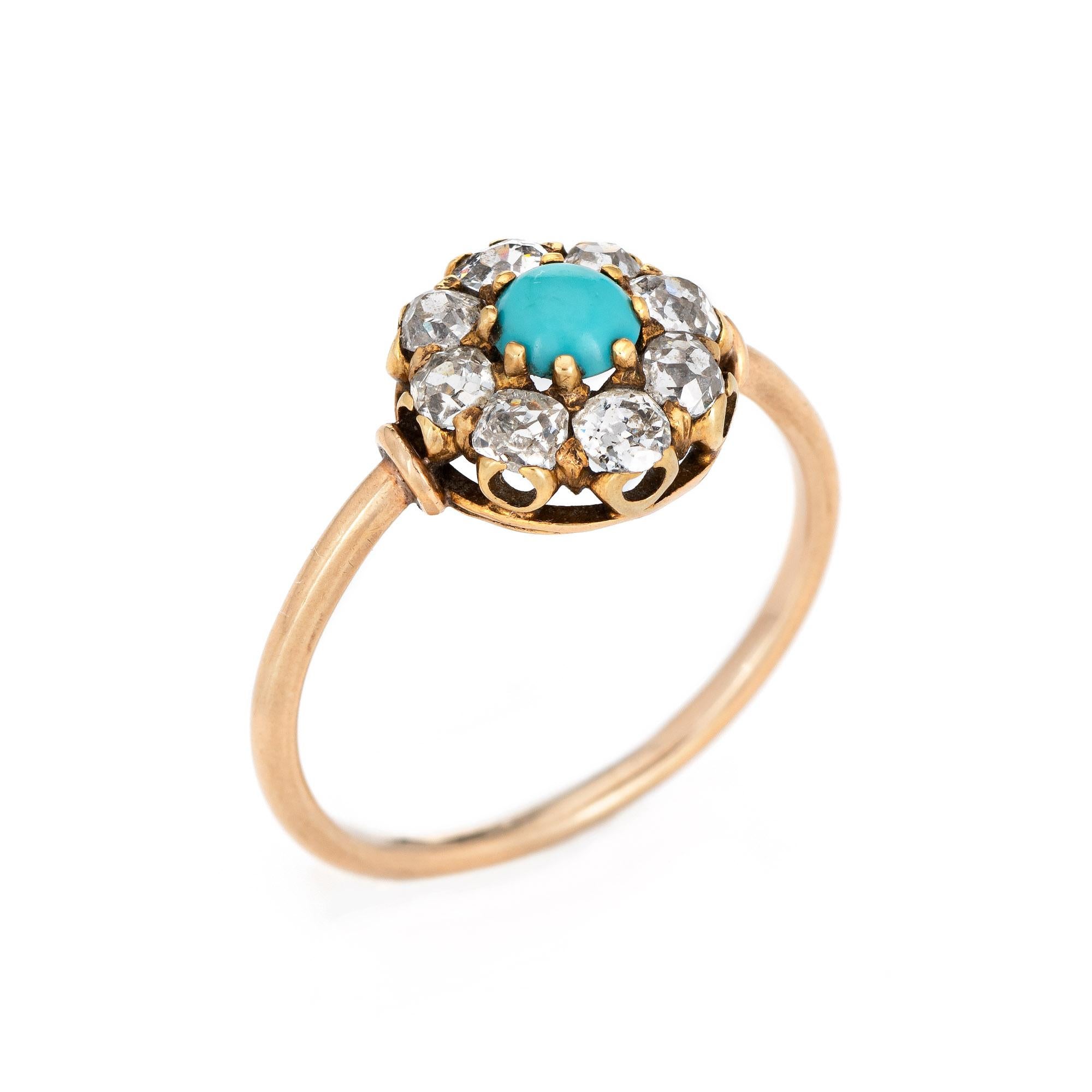 Finely detailed antique Edwardian turquoise & diamond ring (circa 1900s to 1910s), crafted in 14k yellow gold. 

Cabochon cut turquoise measures 4.25mm. Eight old mine cut diamonds are estimated at 0.10 carats each and total an estimated 0.80 carats