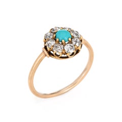 Edwardian Ring Old Mine Cut Diamond Turquoise Vintage 14 Karat Gelbgold