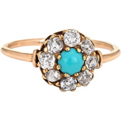 Edwardian Ring Old Mine Cut Diamond Turquoise Antique 14 Karat Yellow Gold