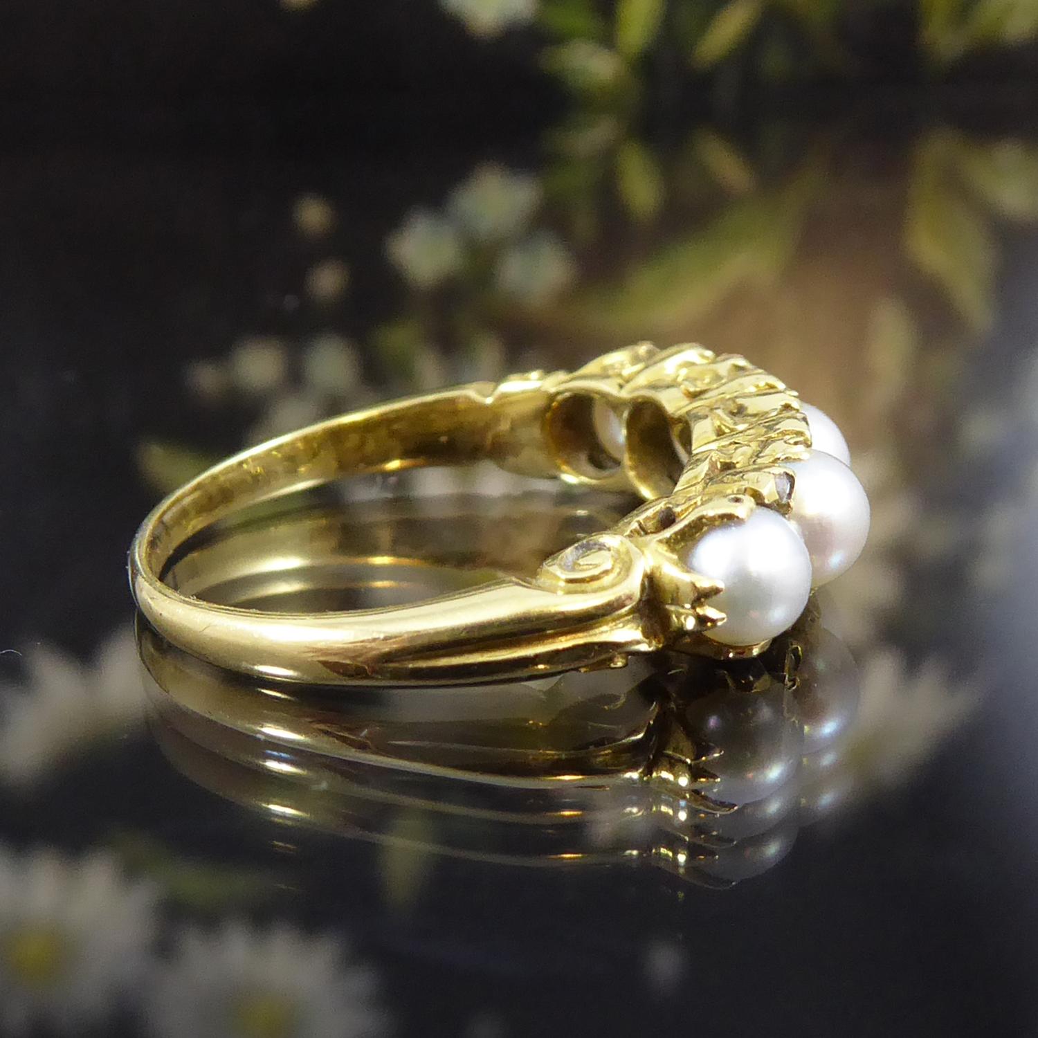 Round Cut Antique Edwardian Ring Set with Diamonds and White Pearls in Yellow Gold