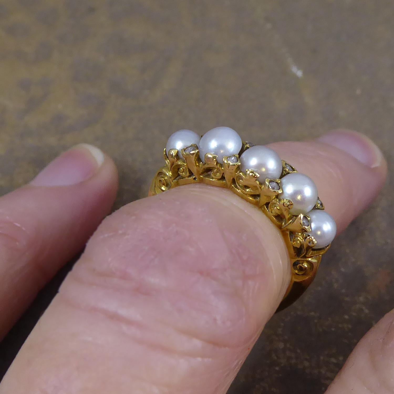Antique Edwardian Ring Set with Diamonds and White Pearls in Yellow Gold 2