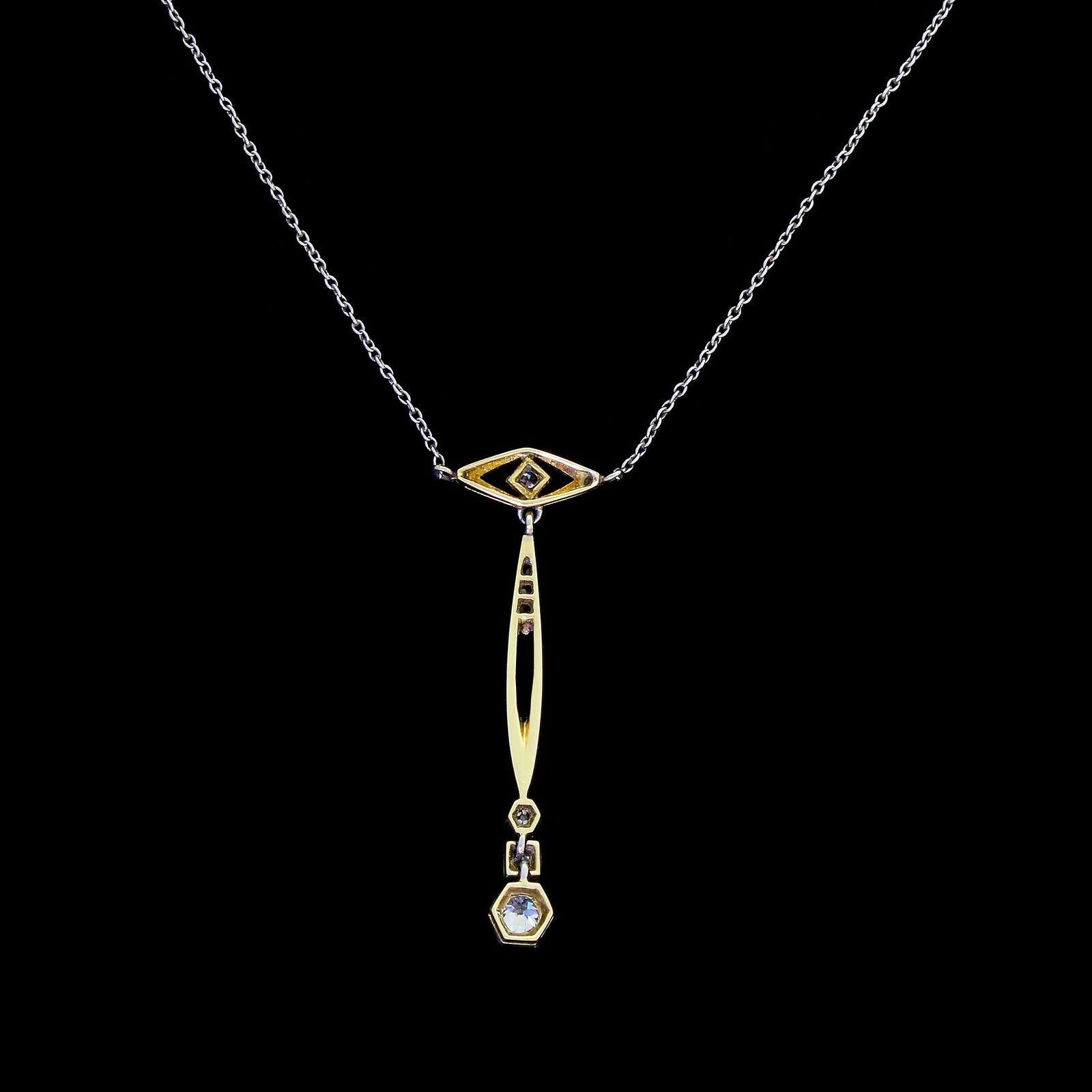 Old Mine Cut Antique Edwardian Rose Cut Diamond Platinum Top 14k Dainty Lavalier Necklace