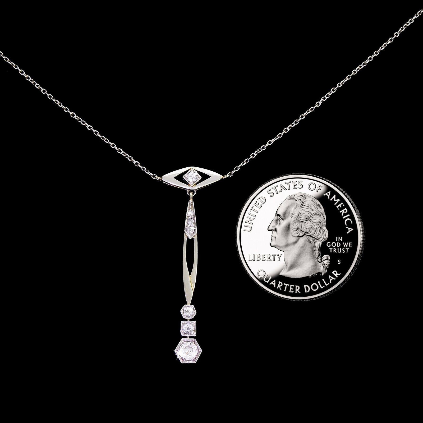 Antique Edwardian Rose Cut Diamond Platinum Top 14k Dainty Lavalier Necklace 2