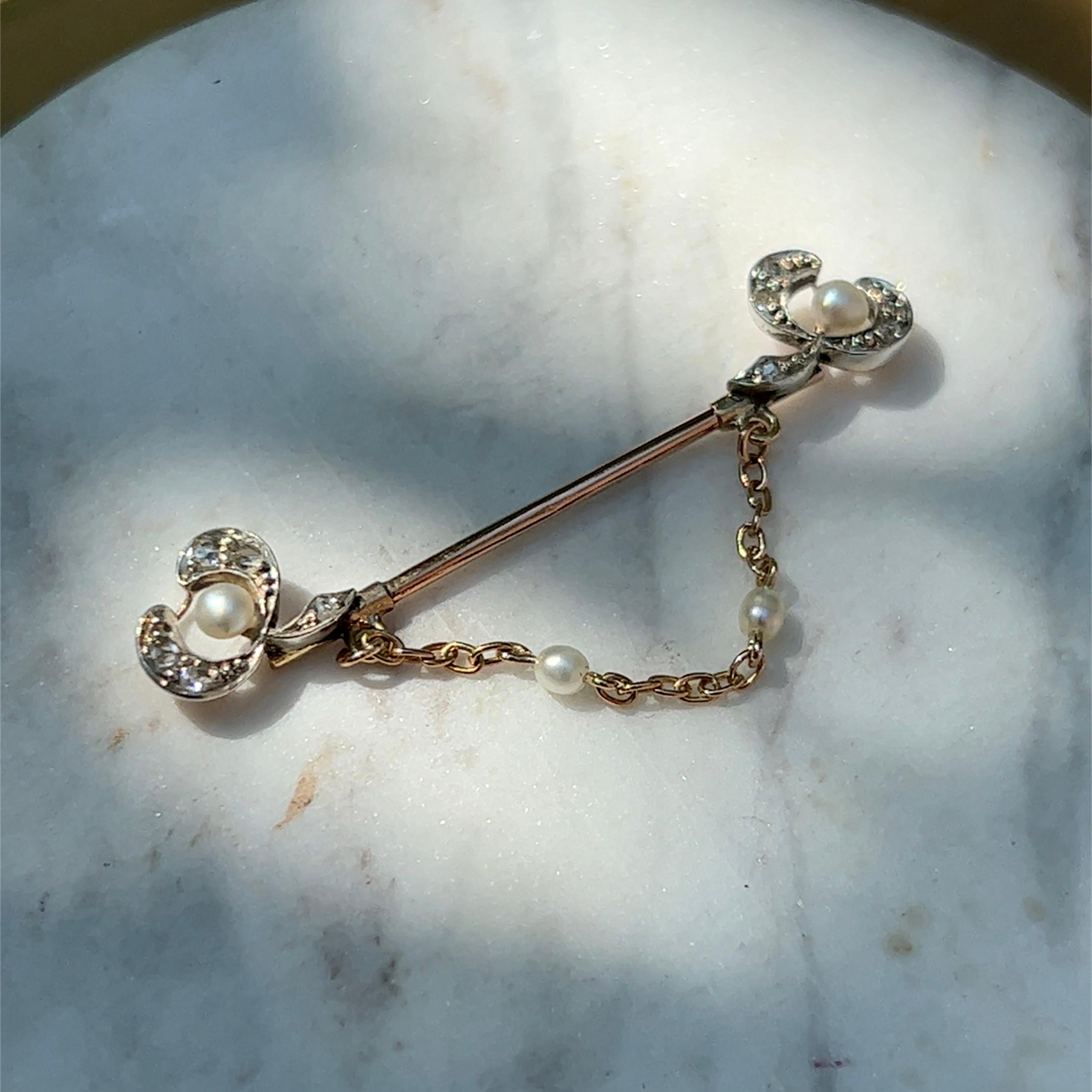 Women's or Men's Antique Edwardian Rose Cut Diamond & Seed Pearl Pin