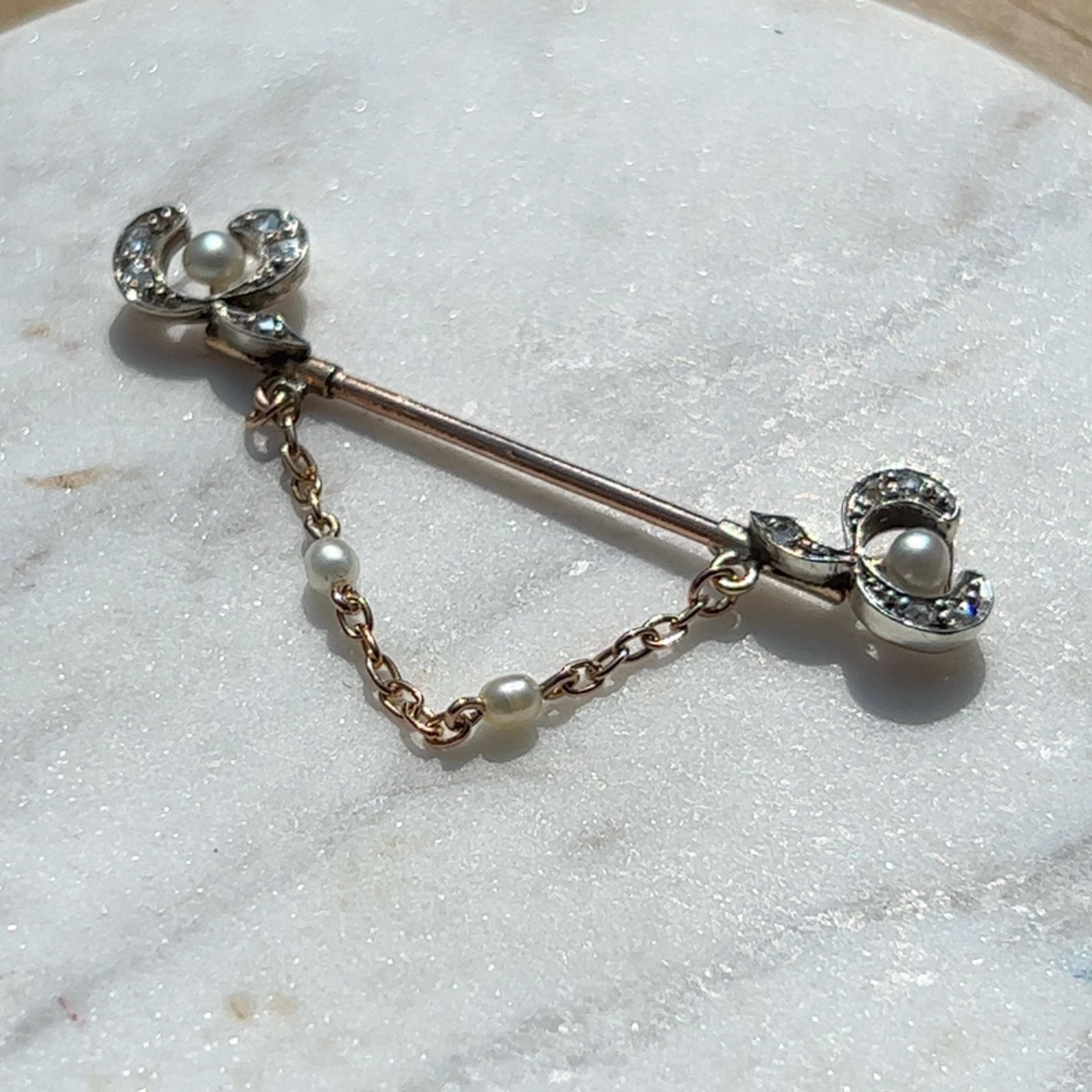 Antique Edwardian Rose Cut Diamond & Seed Pearl Pin 1