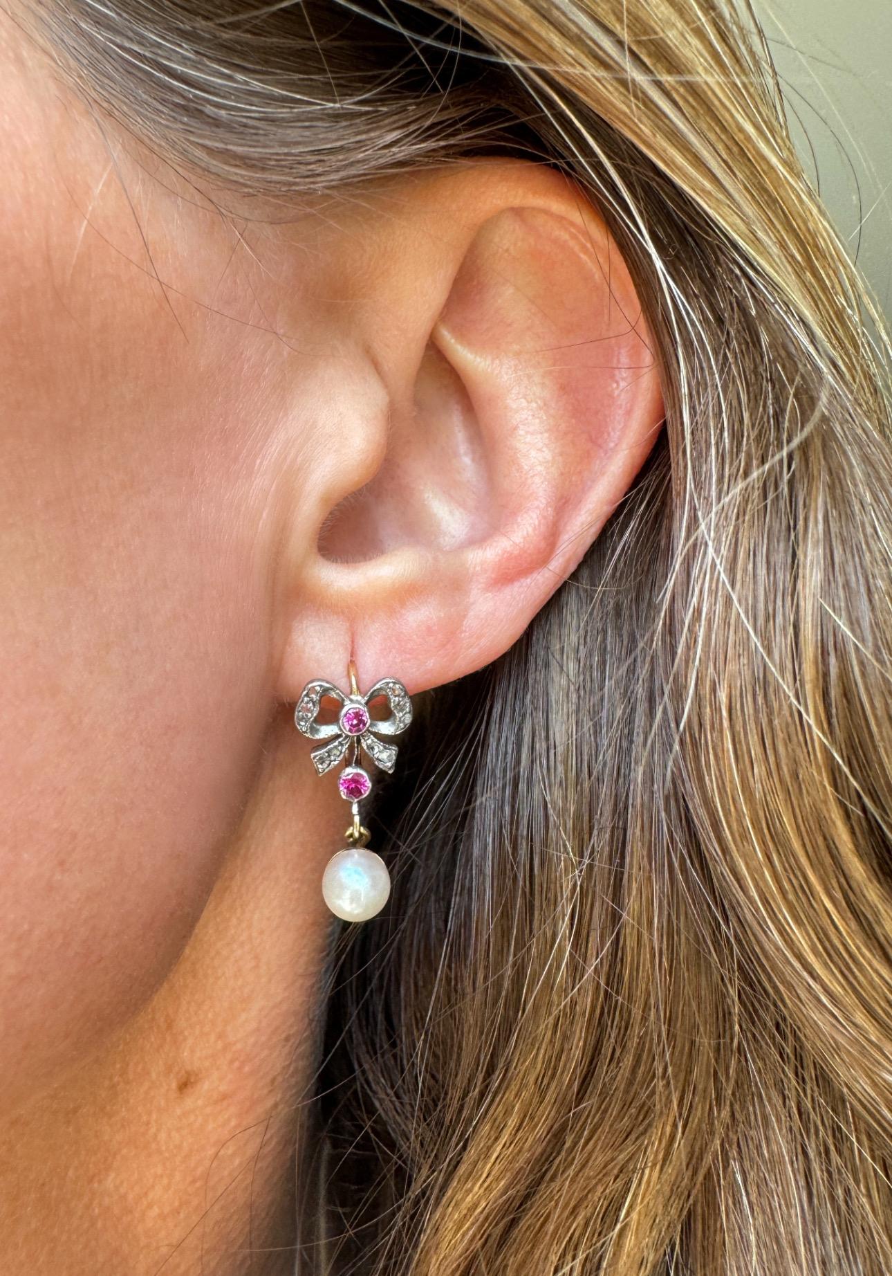 Antike Edwardianische Bow-Ohrringe mit Rubin im Rosenschliff und Diamanten im Angebot 2