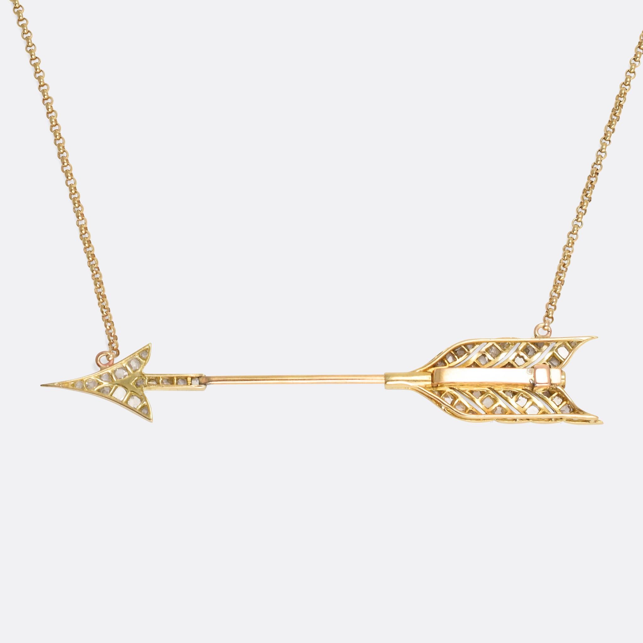 A perfect Edwardian Diamond Arrow Necklace. The head and feathers are platinum, set with rose cut diamonds and finished with the finest millegrain detail, while the shaft and backs are modelled in 18 karat yellow gold. It was made circa 1910, and