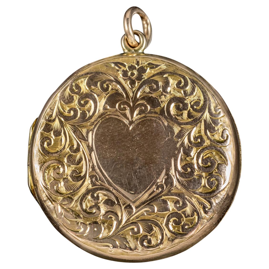 Antique Edwardian Round 9 Carat Gold Heart Locket Dated 1908