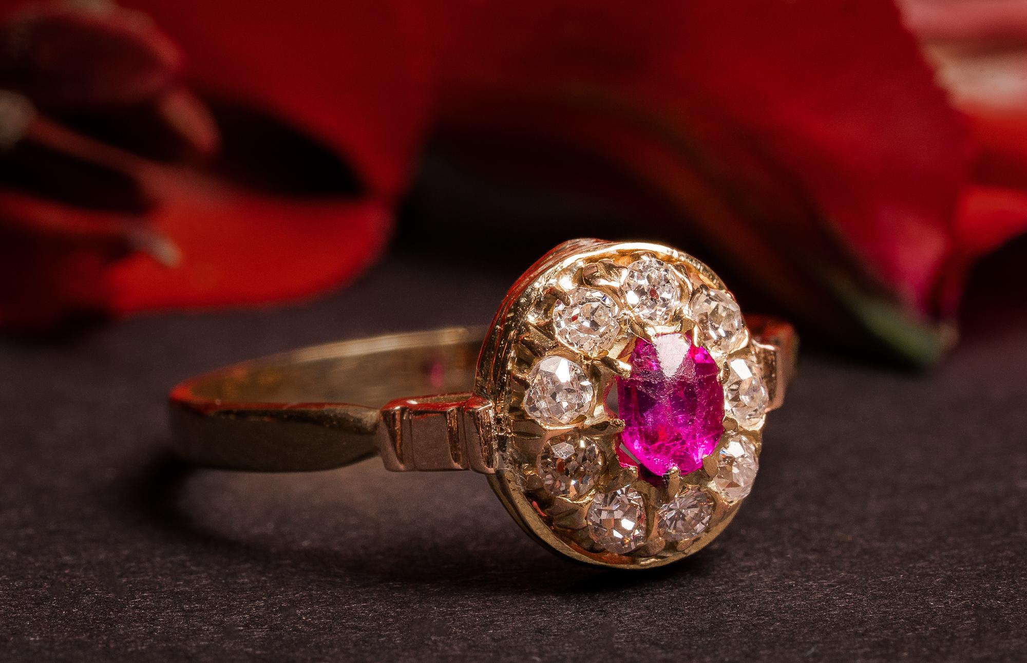 Old European Cut Antique Edwardian Ruby and Diamond Cluster Ring, Antique Ruby Daisy Ring