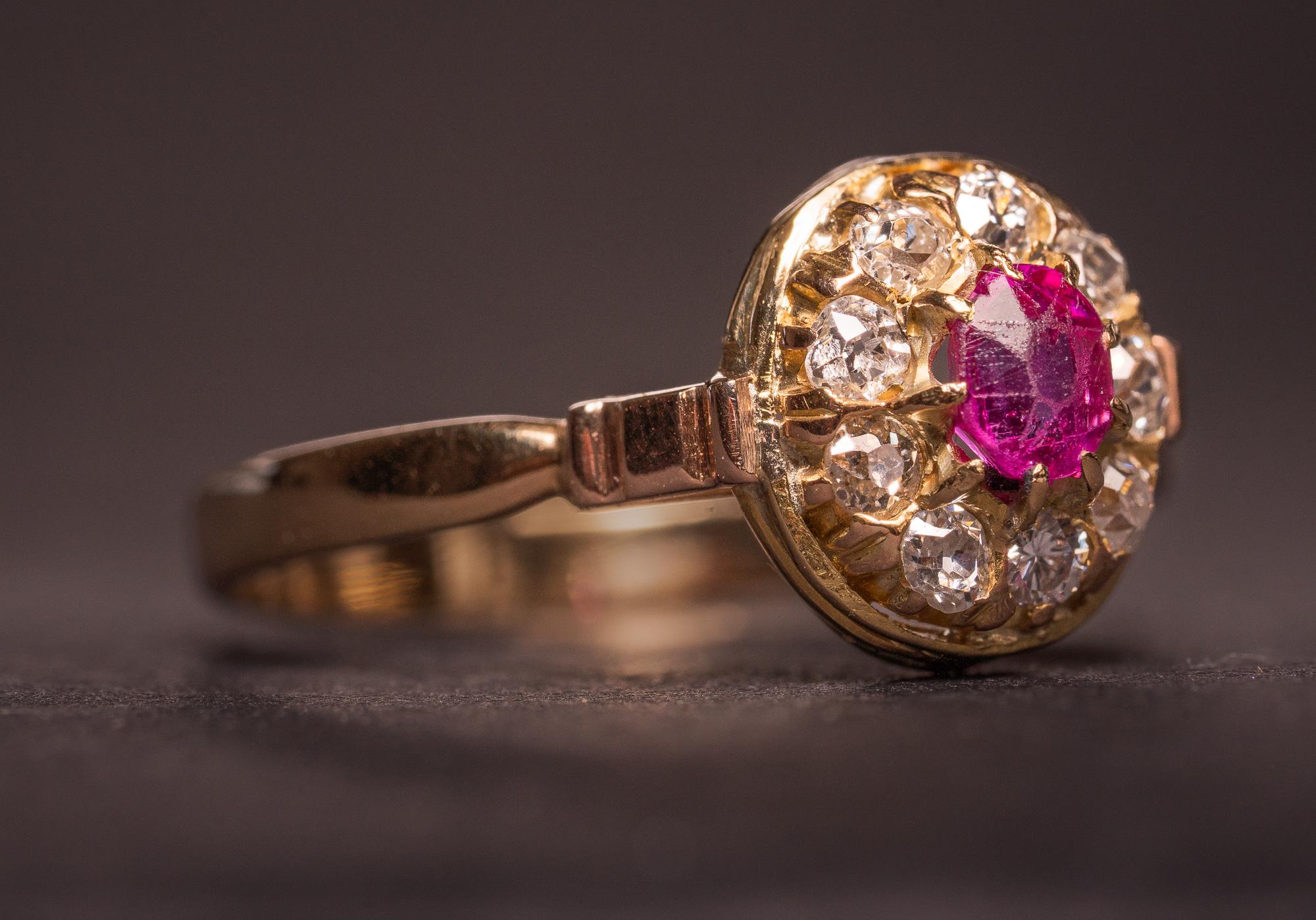 Women's Antique Edwardian Ruby and Diamond Cluster Ring, Antique Ruby Daisy Ring