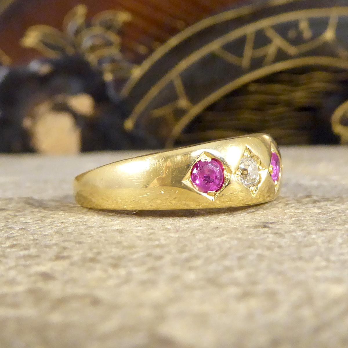 Round Cut Antique Edwardian Ruby and Diamond Five Stone Ring in 18ct Yellow Gold