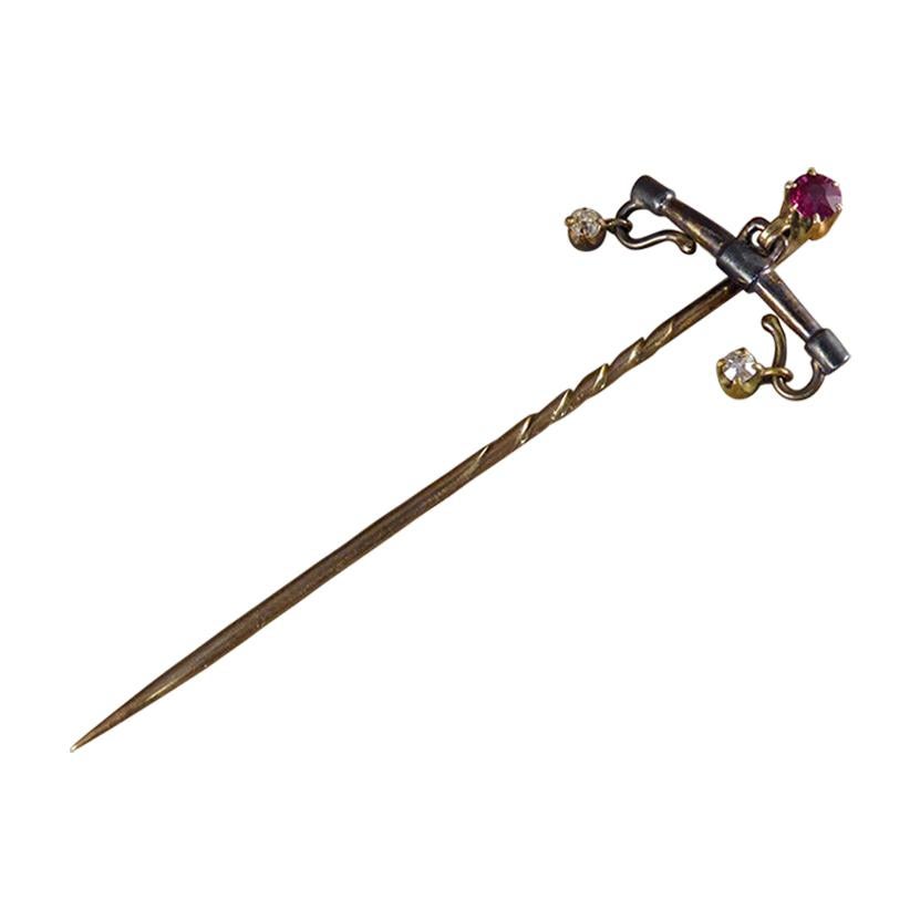 Antique Edwardian Ruby and Diamond Gold Pin