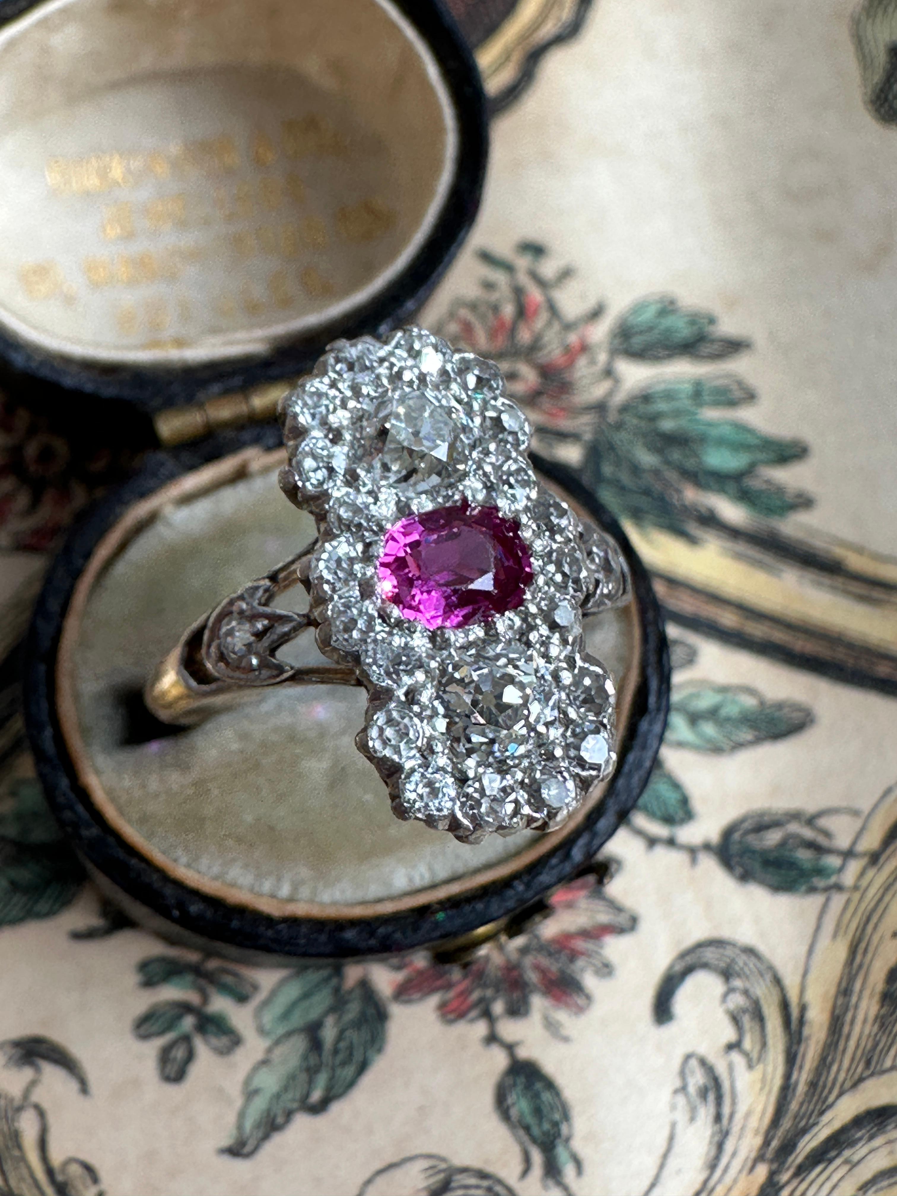 Oval Cut Antique Edwardian Ruby and Diamond Three Stone Trilogy Ring For Sale