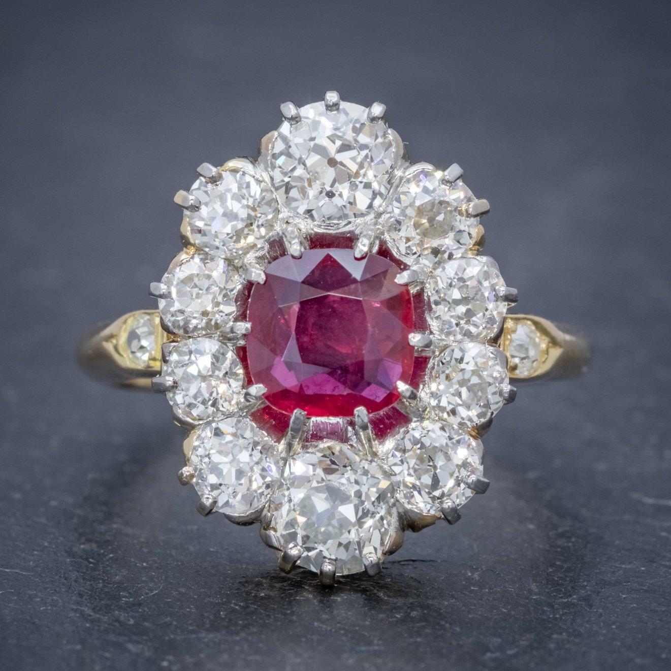 Antique Cushion Cut Antique Edwardian Ruby Diamond Cluster Ring 1.15ct Ruby For Sale