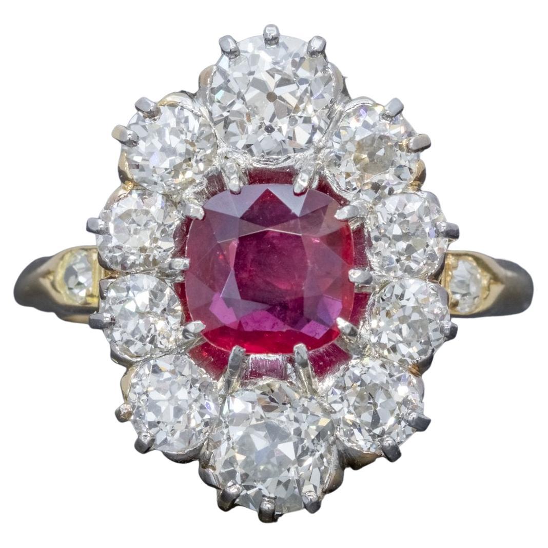 Antique Edwardian Ruby Diamond Cluster Ring 1.15ct Ruby For Sale