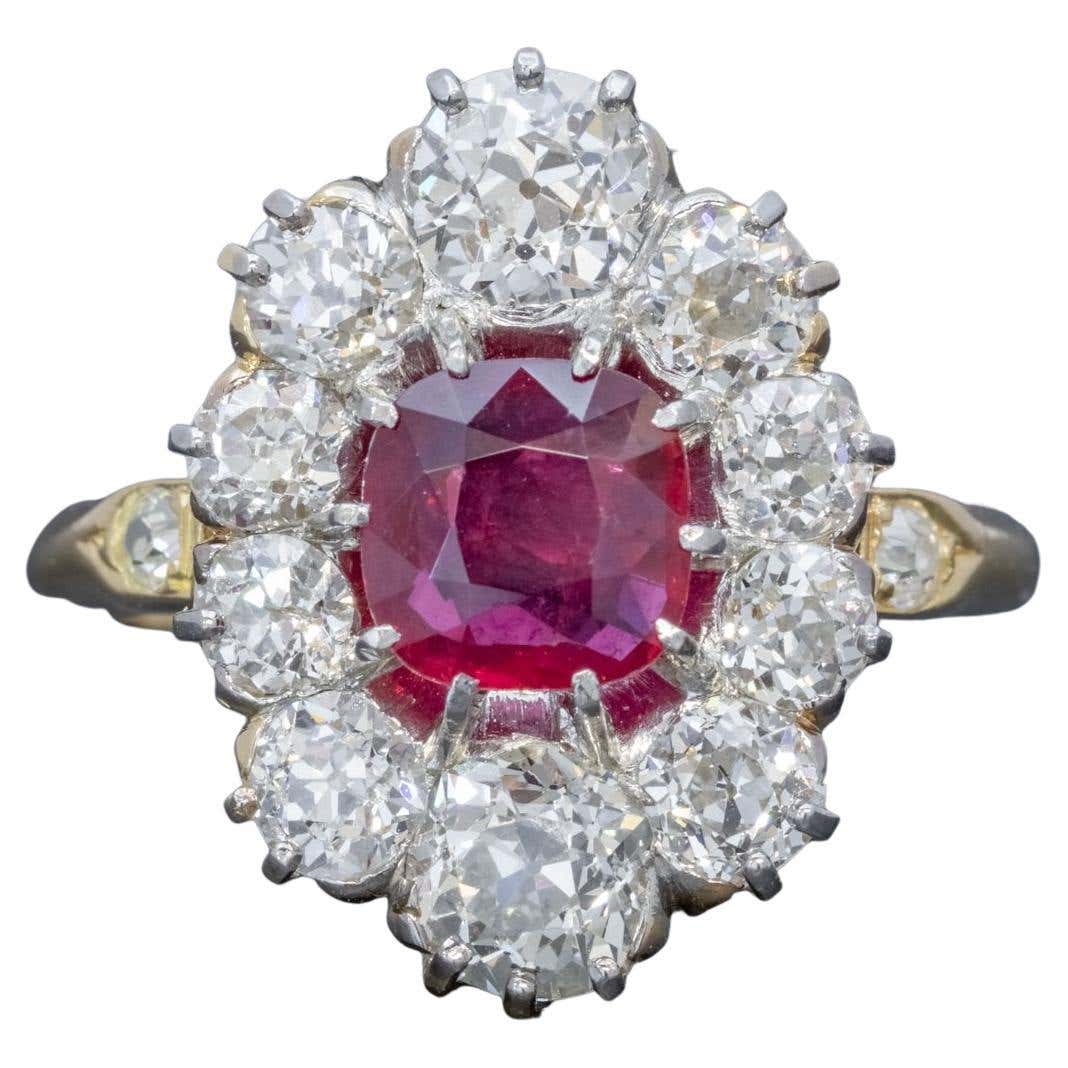 Antique Edwardian Ruby Diamond Cluster Ring 1.15ct Ruby For Sale at 1stDibs