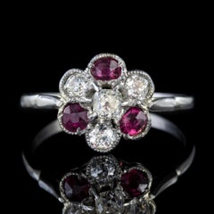 Antique Edwardian Ruby Diamond Cluster Ring Platinum, circa 1915