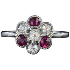 Antique Edwardian Ruby Diamond Cluster Ring Platinum, circa 1915