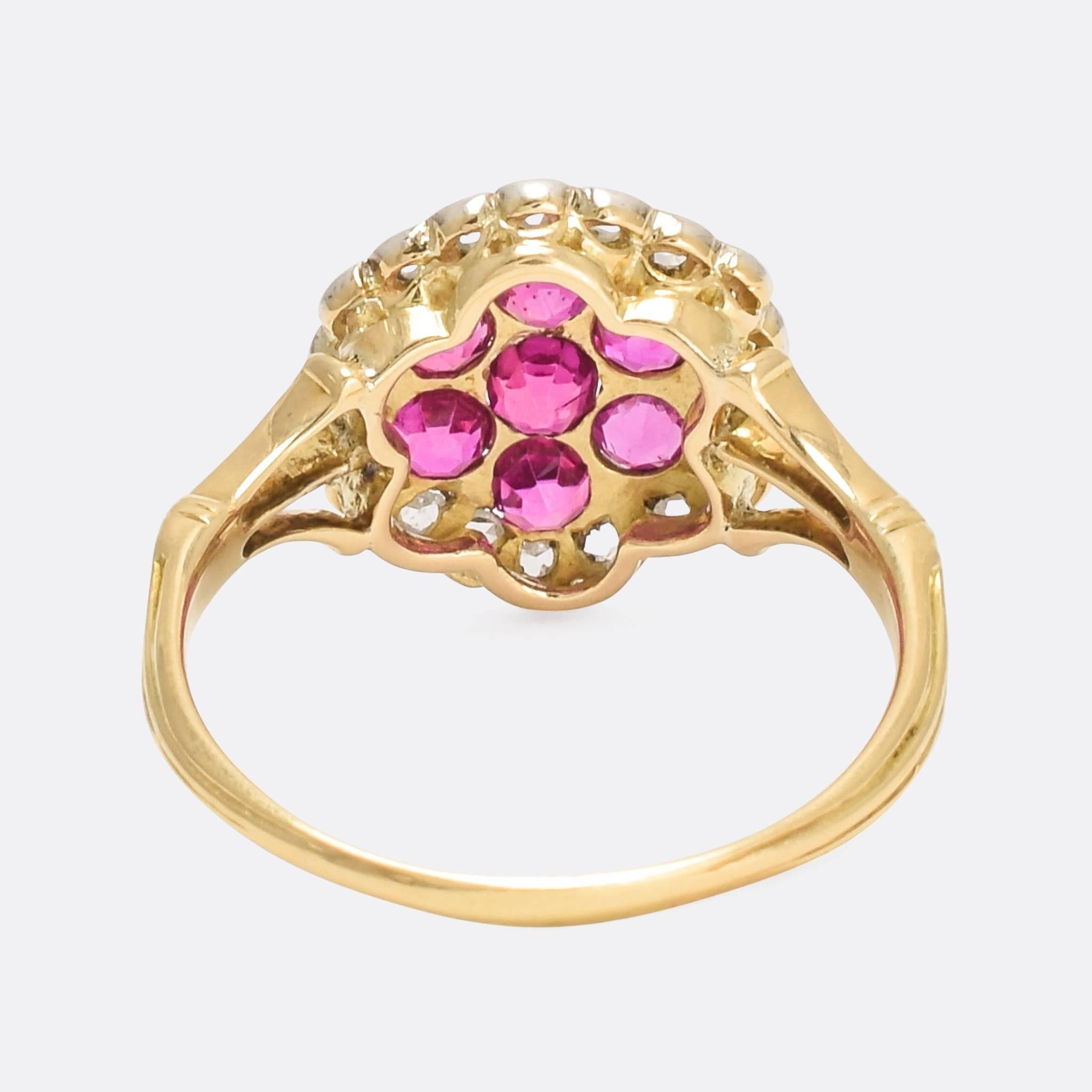 Antique Edwardian Ruby Diamond Flower Cluster Ring In Excellent Condition In Sale, Cheshire