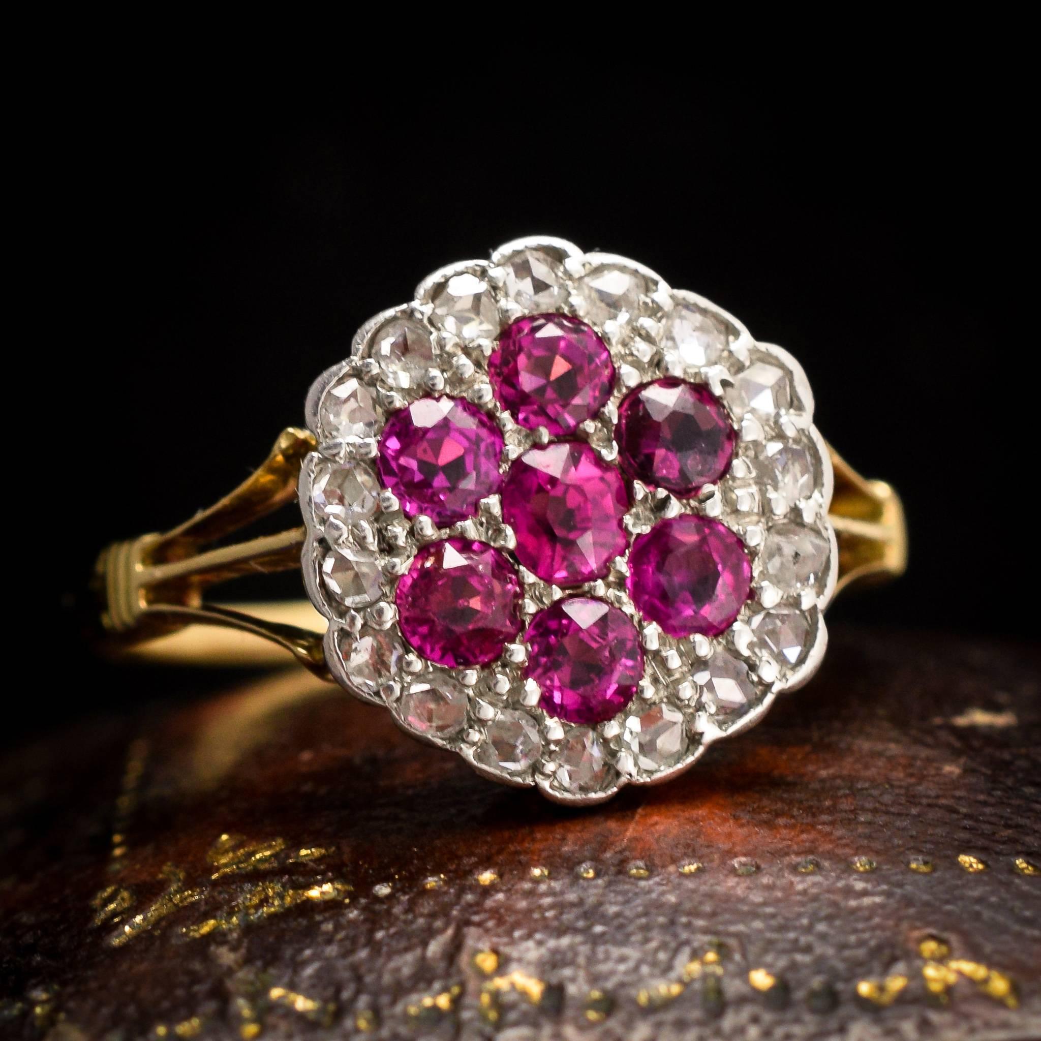 Antique Edwardian Ruby Diamond Flower Cluster Ring 2