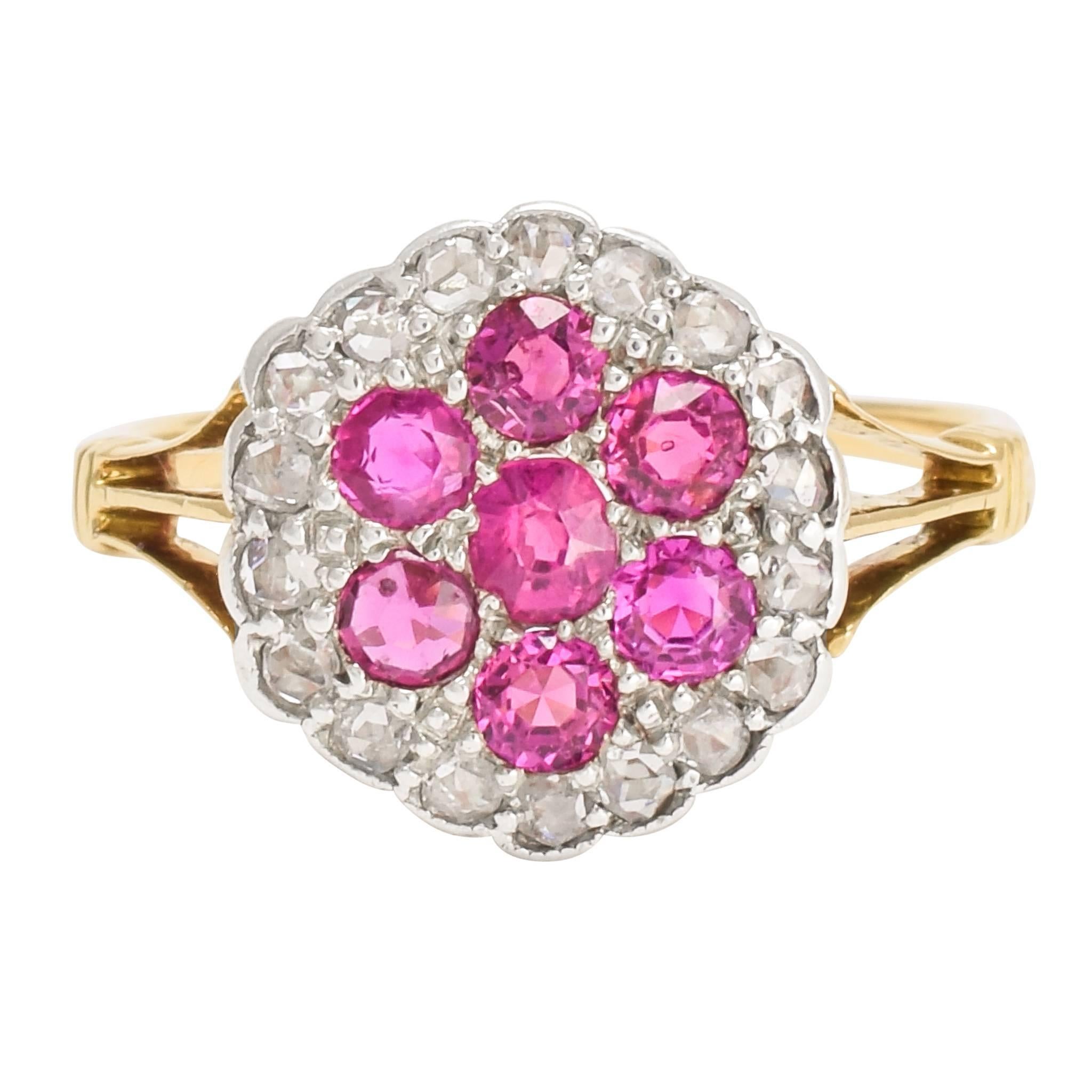 Antique Edwardian Ruby Diamond Flower Cluster Ring