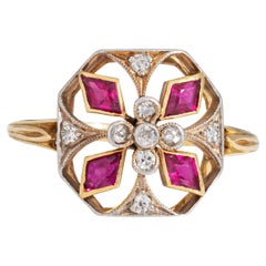 Antiker edwardianischer Rubin-Diamantring Gr. 6,5 18k Gelbgold Platin-Schmuck